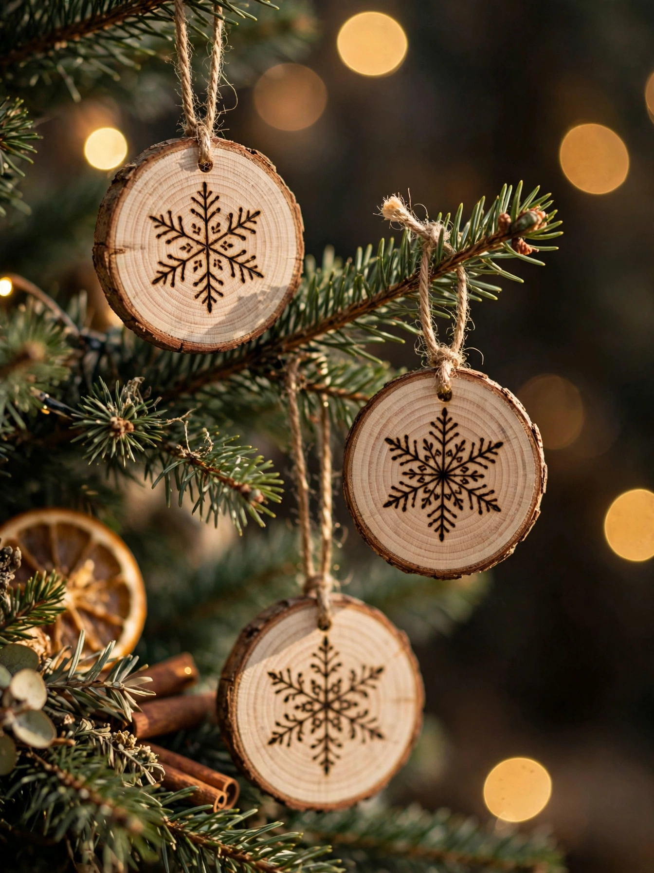 Wood slice ornaments with burned designs hanging on a Christmas tree, a handmade rustic christmas decor ideas 2026 project