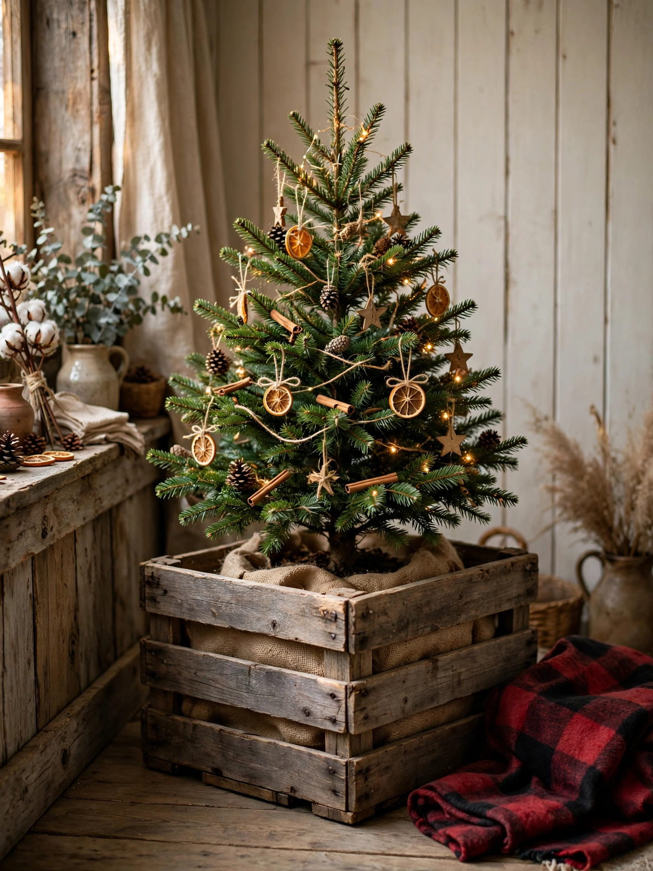 Christmas tree set inside a wooden crate instead of a stand, a clever rustic christmas decor ideas 2026 tree base
