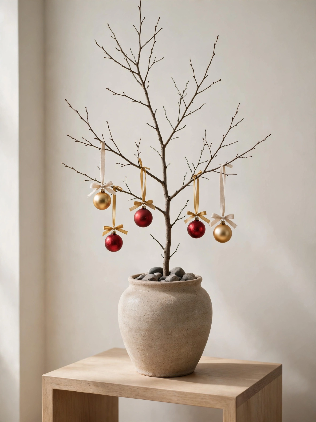 Single tall bare branch in a vase with five red and gold ornaments, a simple christmas decor ideas 2026 branch idea