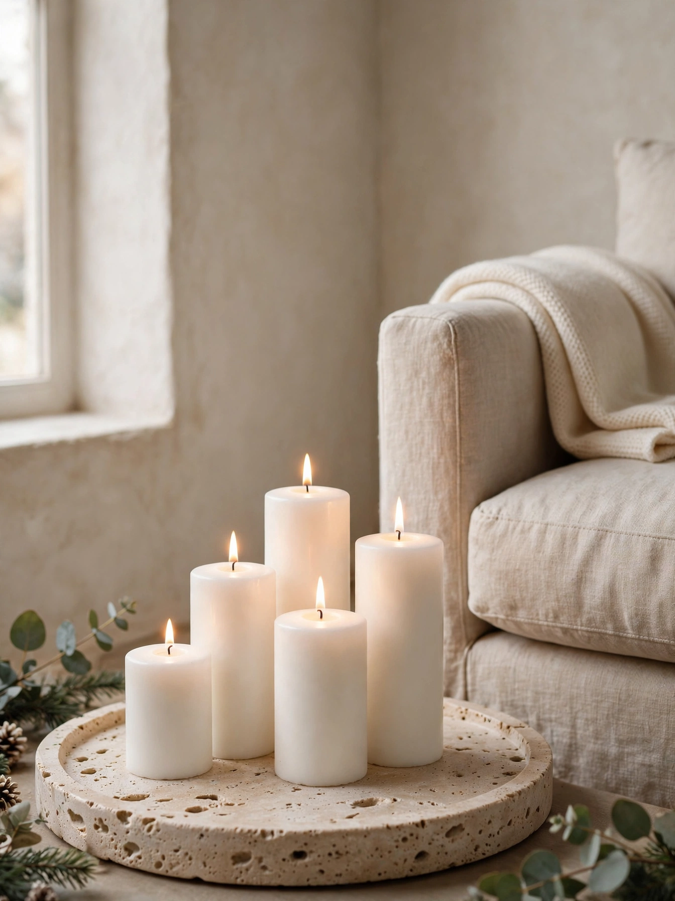 Cluster of five white pillar candles of different heights in a living room corner, a simple christmas decor ideas 2026 glow idea