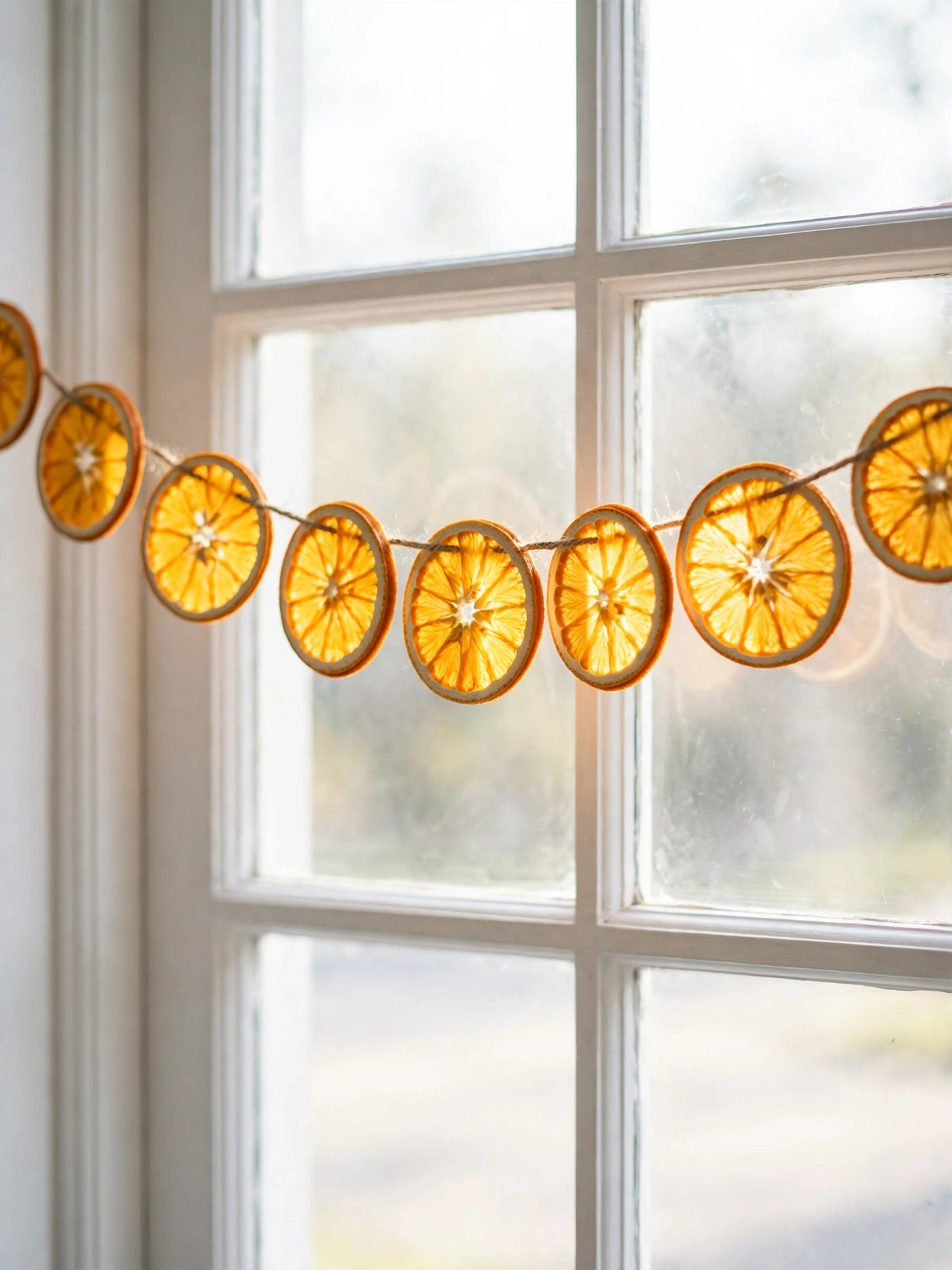 Garland of dried orange slices strung on twine across a window, a simple christmas decor ideas 2026 natural garland
