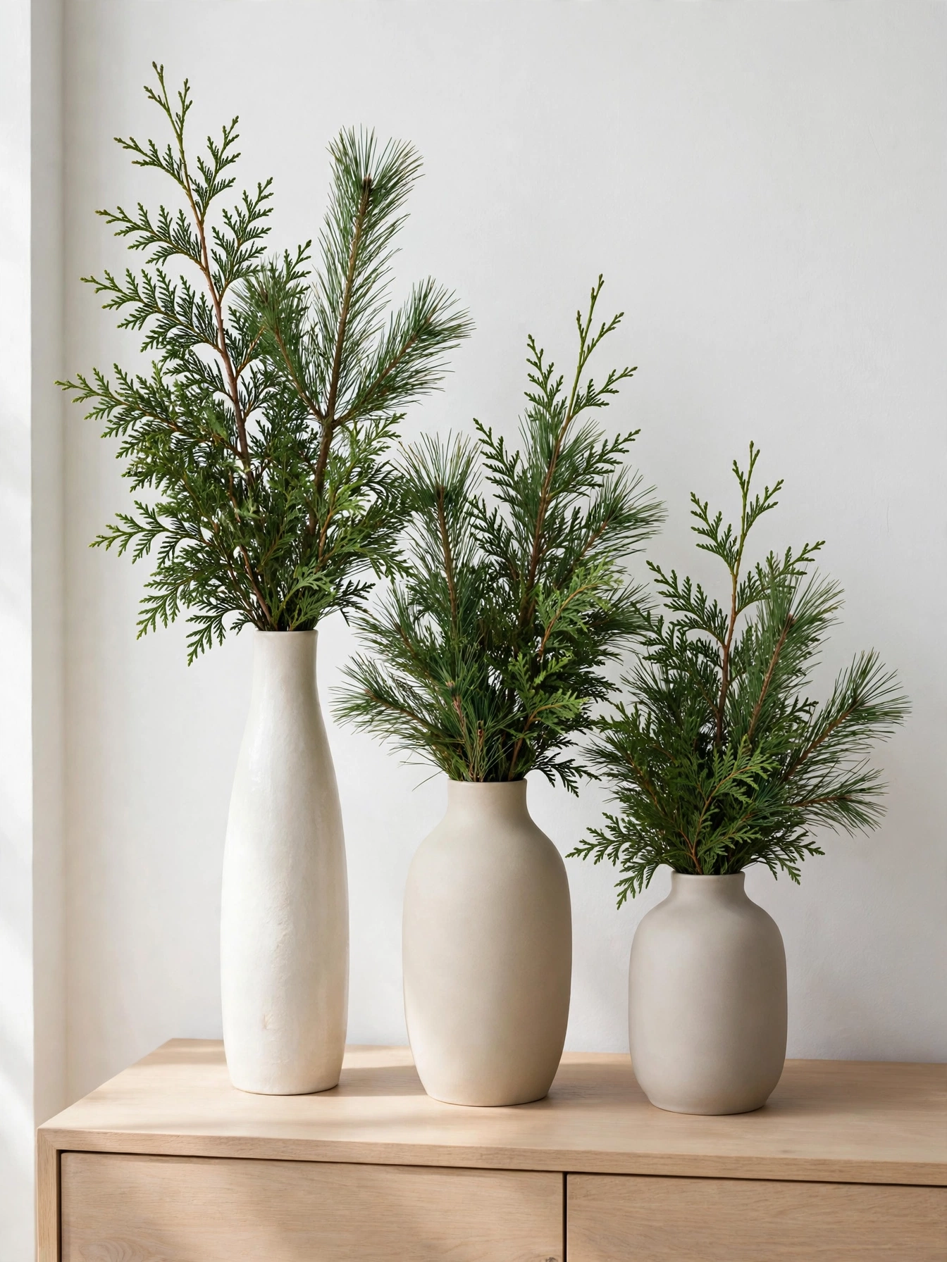Existing ceramic vases filled with fresh cedar and pine branches, a simple christmas decor ideas 2026 greenery trick