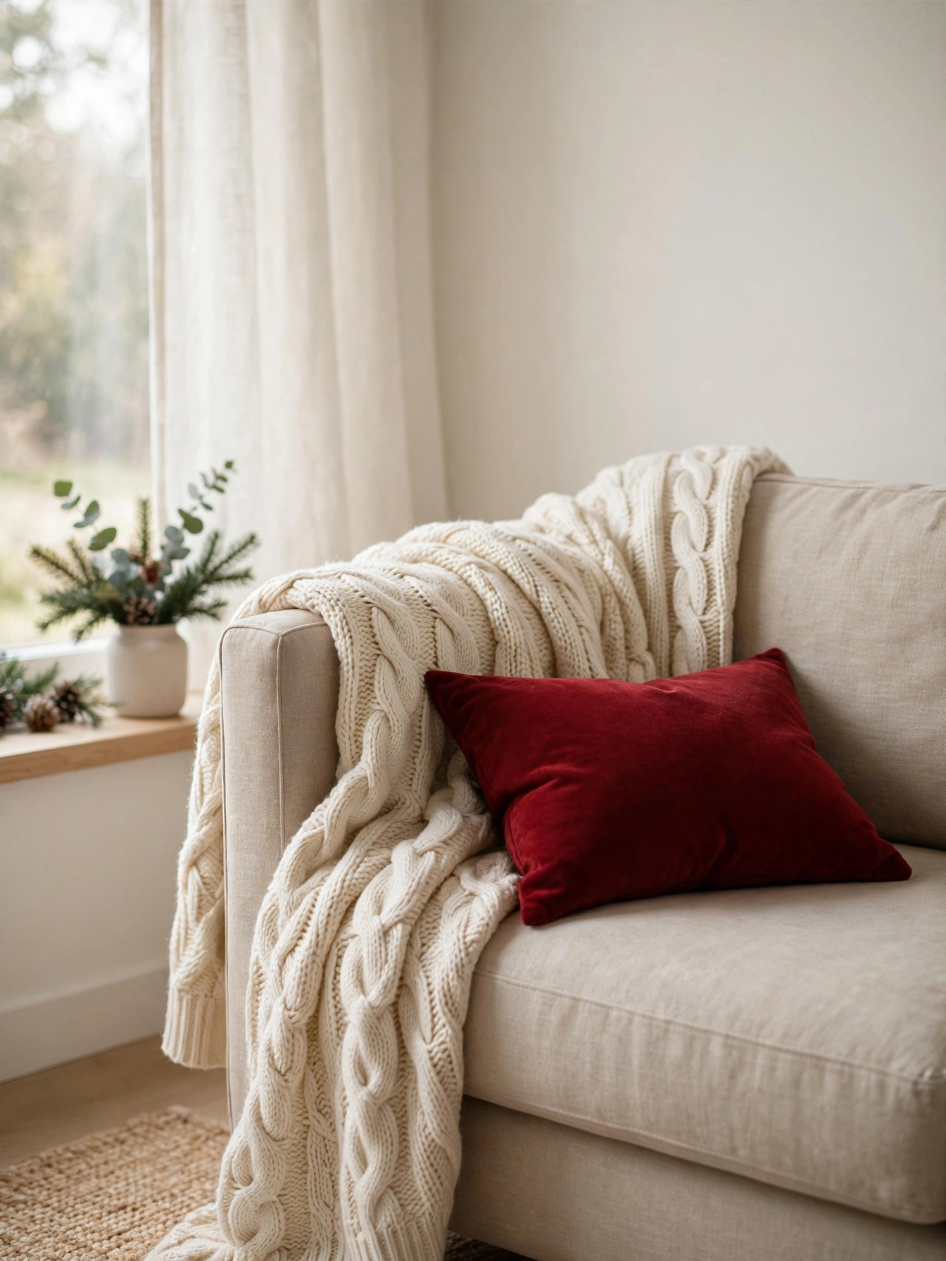 Chunky cream knit throw draped over a sofa arm with a red pillow, a simple christmas decor ideas 2026 cozy swap