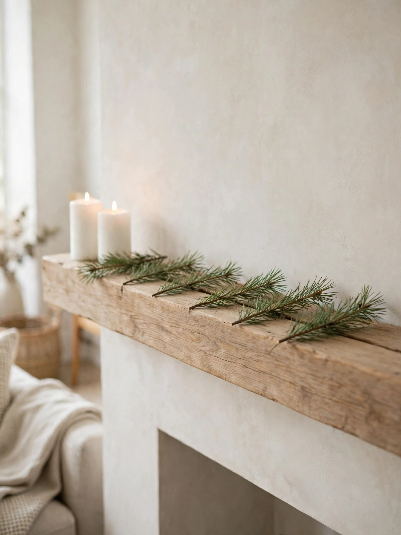 Mantel styled with loose pine sprigs and two white pillar candles, simple christmas decor ideas 2026 mantel styling