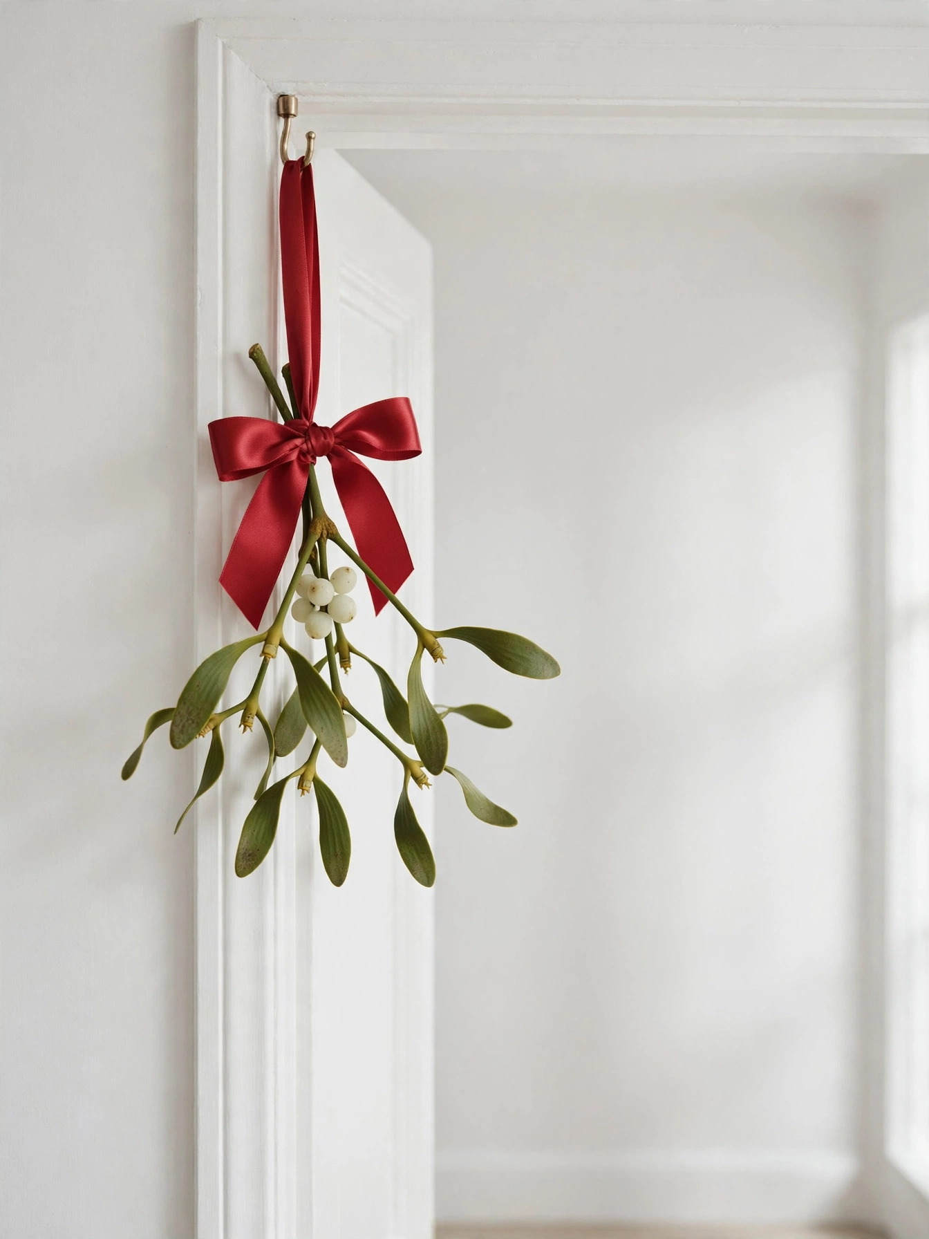 Single fresh mistletoe sprig with white berries hanging in a doorway with red ribbon, a simple christmas decor ideas 2026 tradition