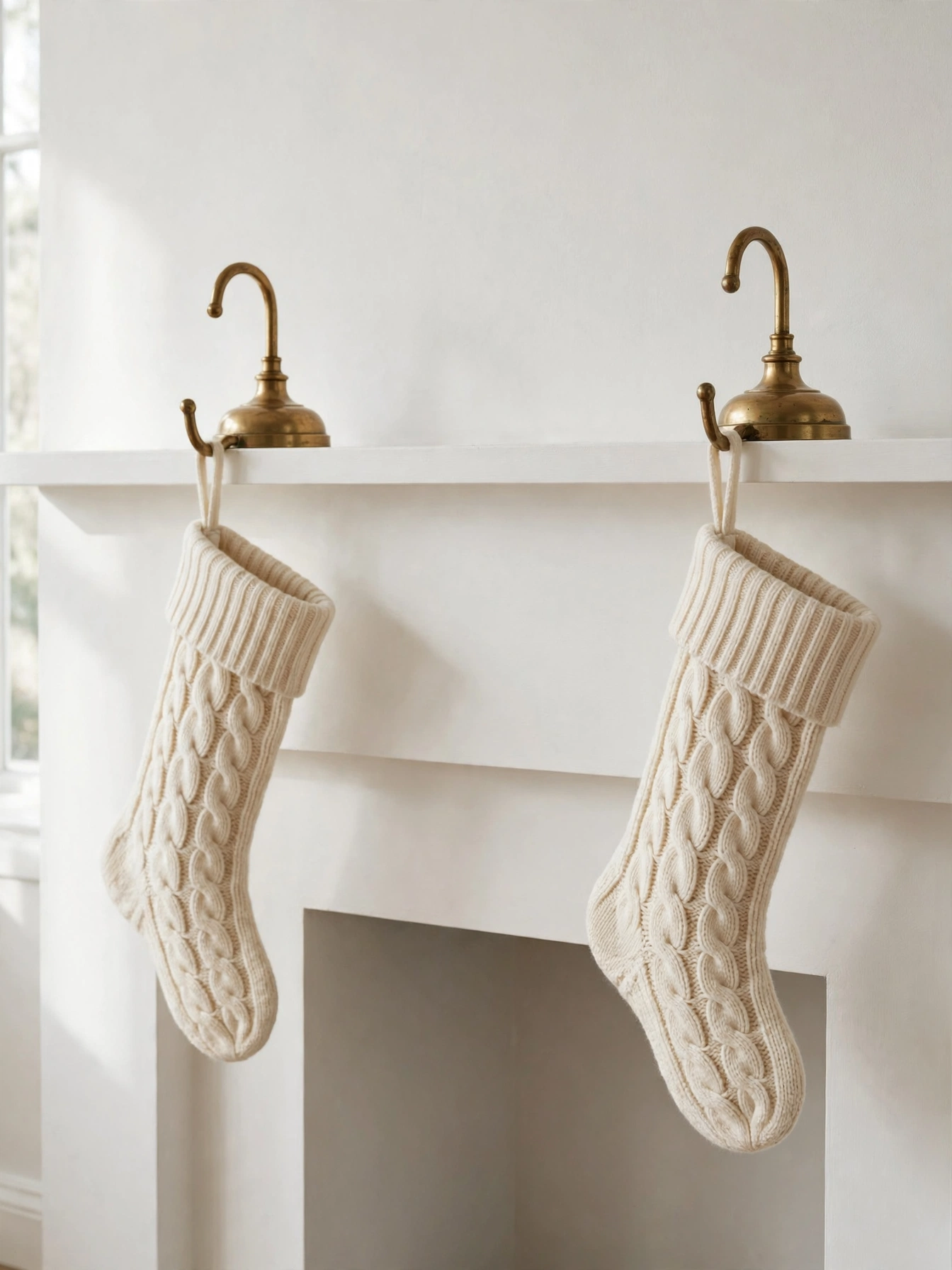 Two cream knit stockings hanging from a mantel with brass holders, a simple christmas decor ideas 2026 stocking idea