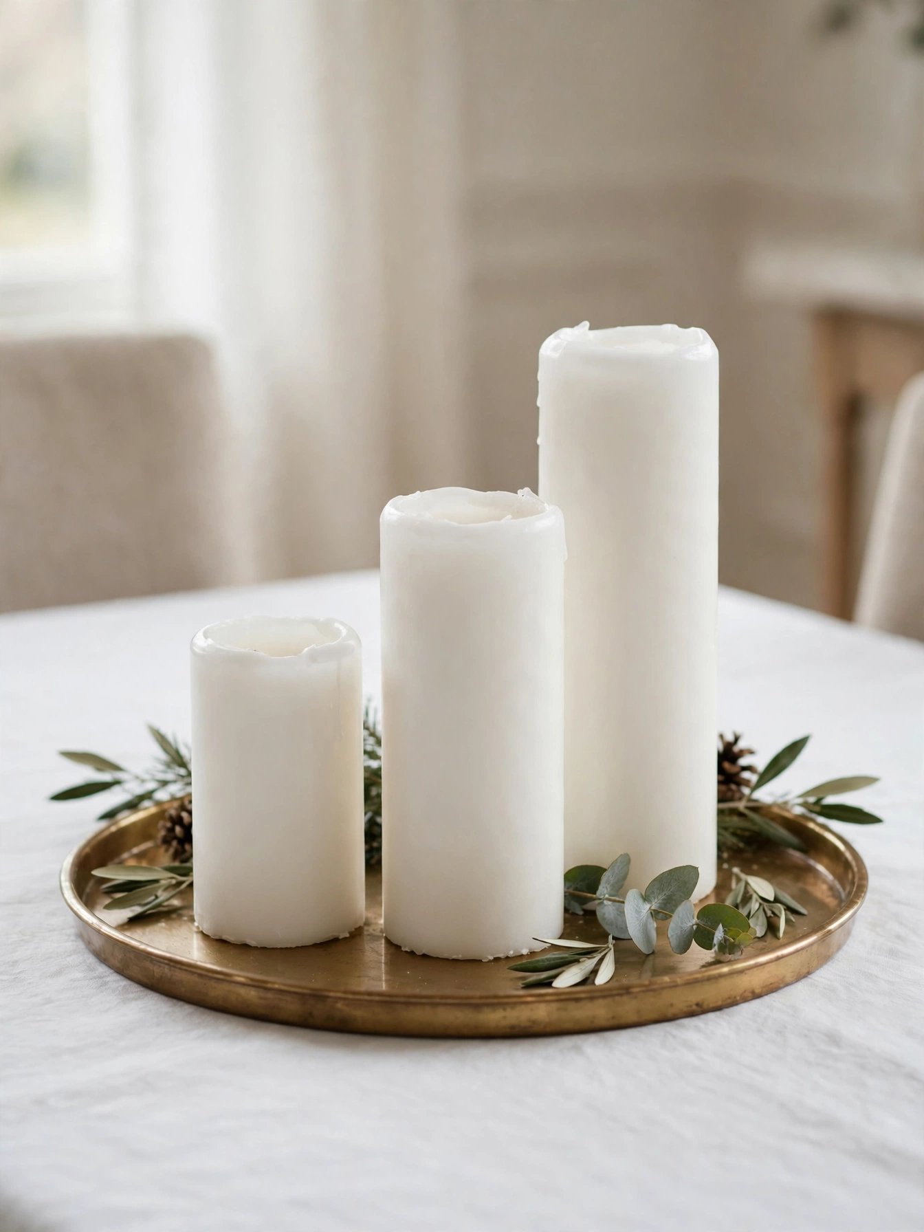 Three white pillar candles in glass hurricane shades with cedar sprigs on a dining table, a simple christmas decor ideas 2026 table idea