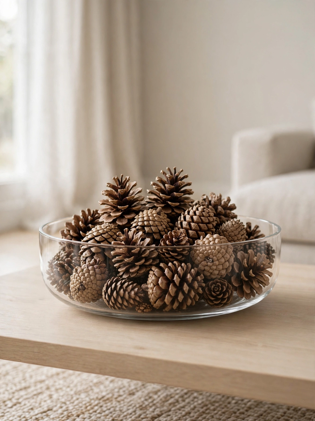 Glass bowl filled with natural unadorned pinecones on a coffee table, a simple christmas decor ideas 2026 centerpiece