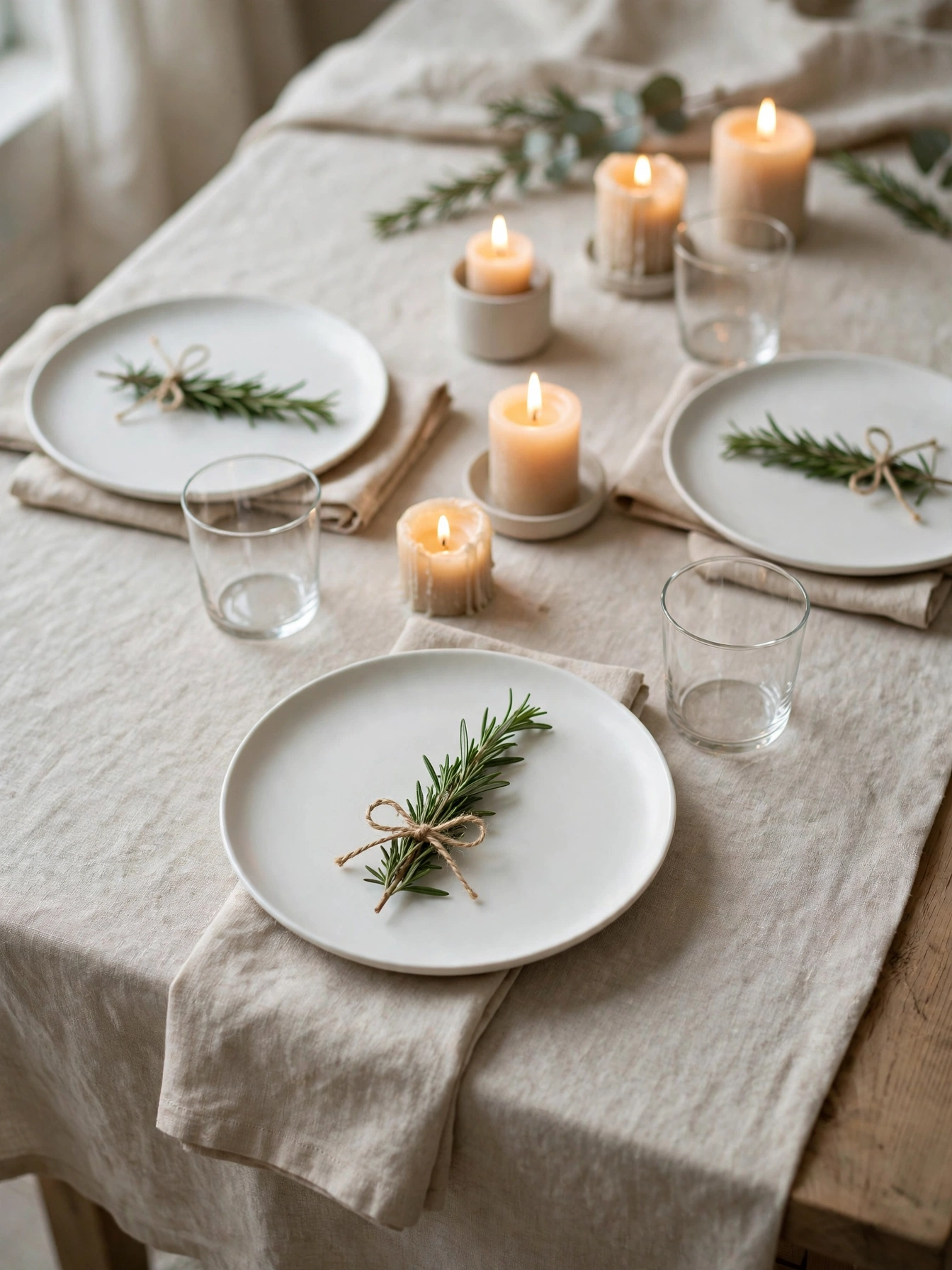 Fresh rosemary sprigs tied with twine on white dinner plates, a simple christmas decor ideas 2026 table setting