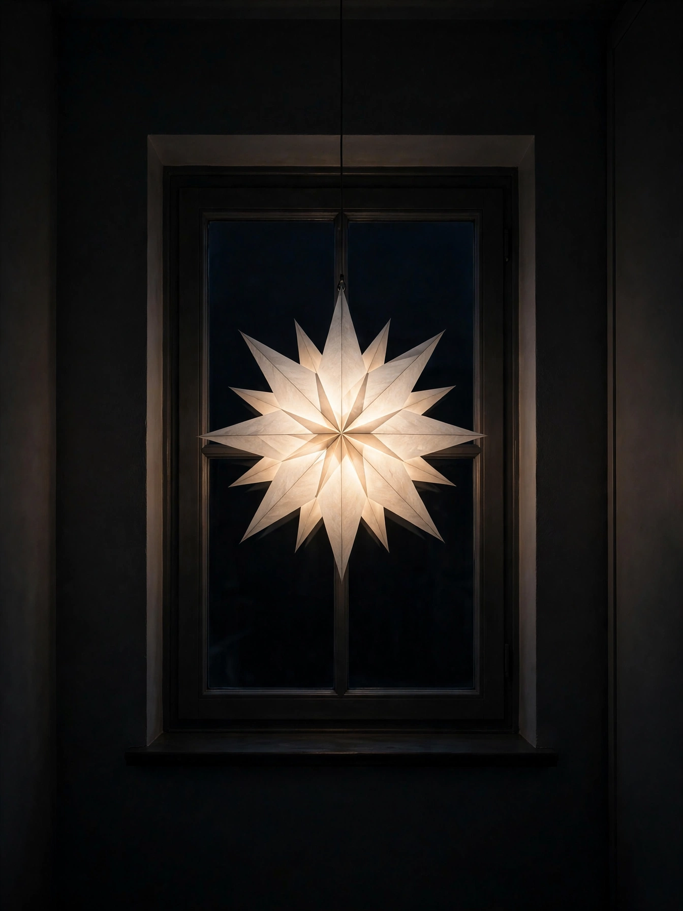 Single glowing paper star lantern hanging in a dark window at night, a simple christmas decor ideas 2026 star light