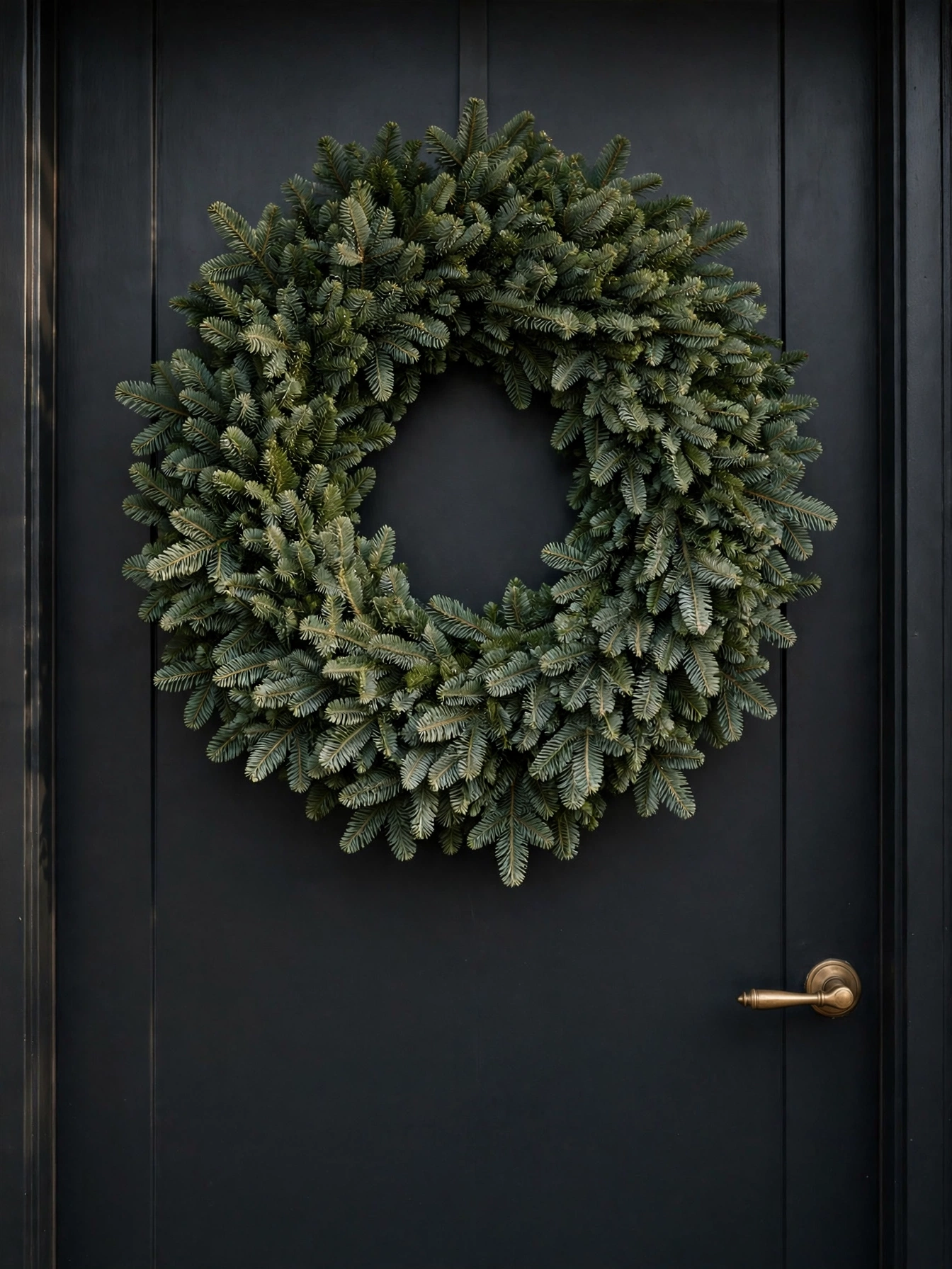 Oversized 30 inch plain evergreen wreath on a black front door, a simple christmas decor ideas 2026 statement piece