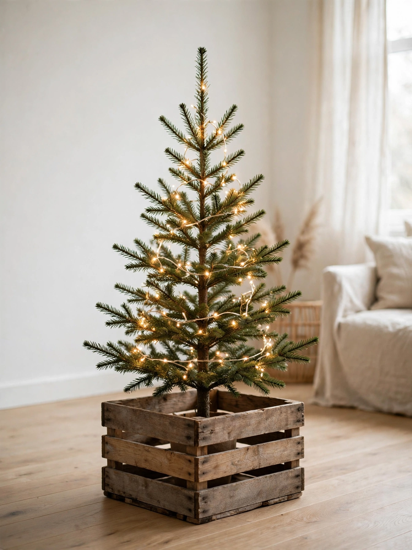 Small 4 foot Christmas tree with only warm white lights, a simple christmas decor ideas 2026 minimalist tree
