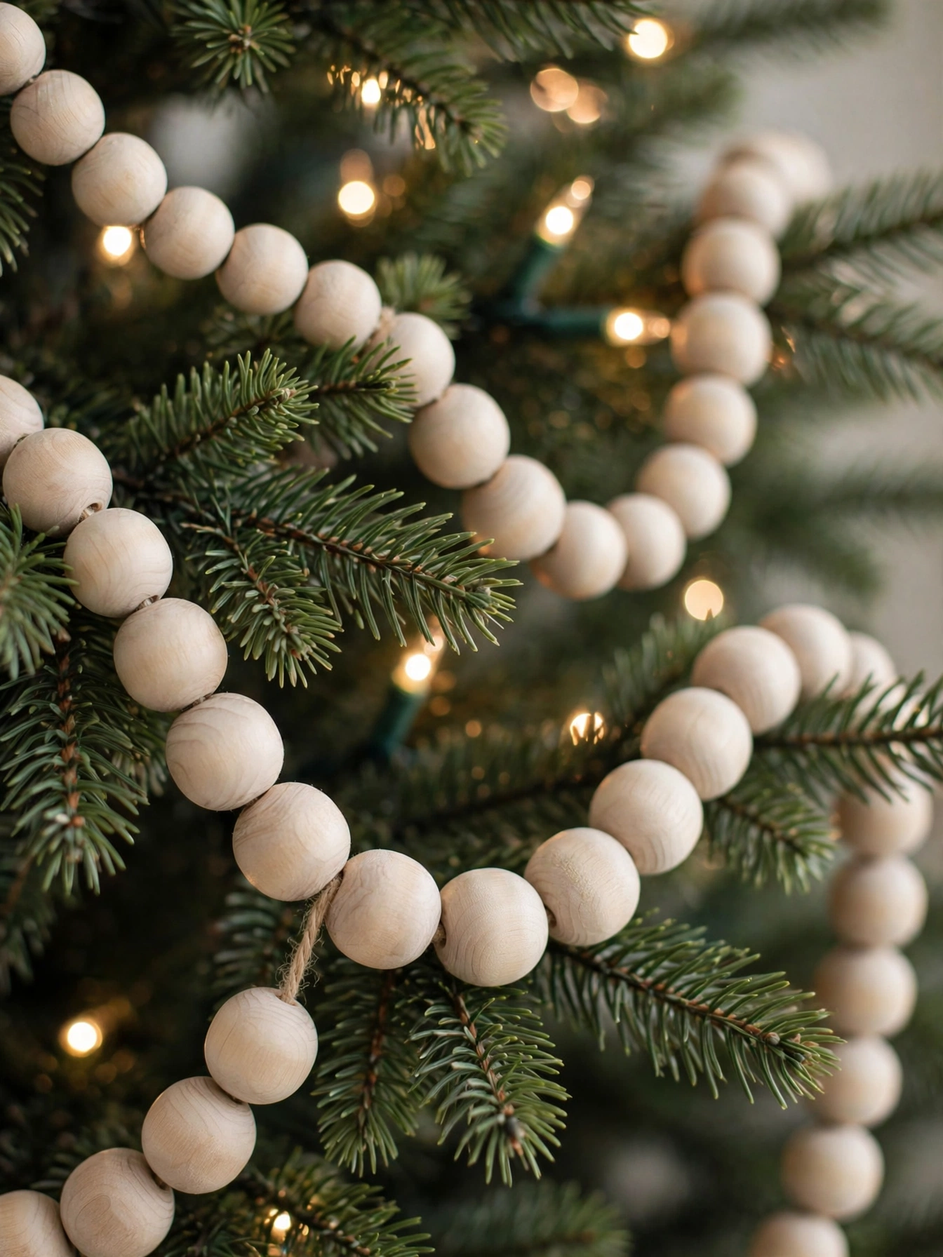Natural wooden bead garland draped on a Christmas tree branch, a simple christmas decor ideas 2026 tree trim