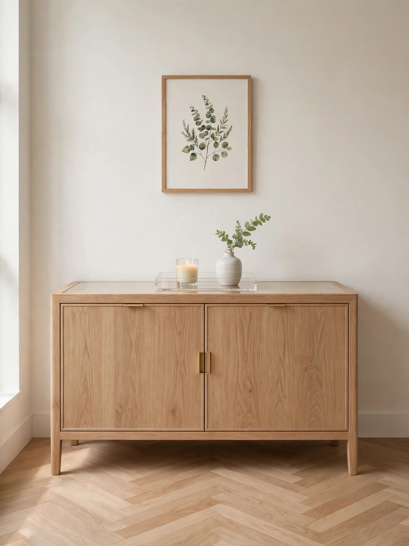 Nearly clear oak sideboard styled with restraint in a calm simple living room ideas interior