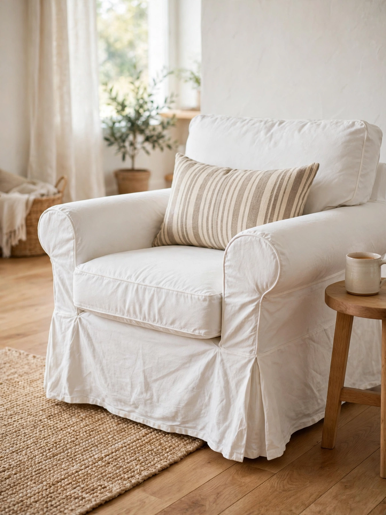 White cotton slipcovered armchair offering washable ease in this simple living room ideas room
