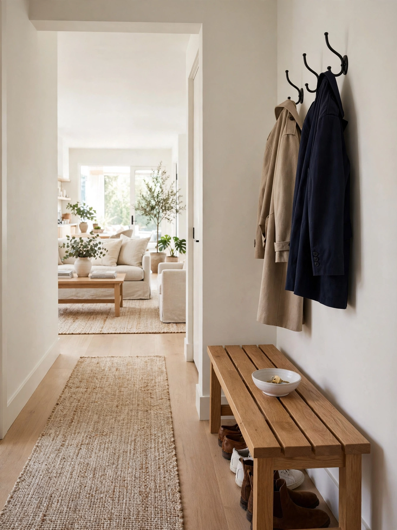 Clear entry with a storage bench and wall hooks setting a calm simple living room ideas tone