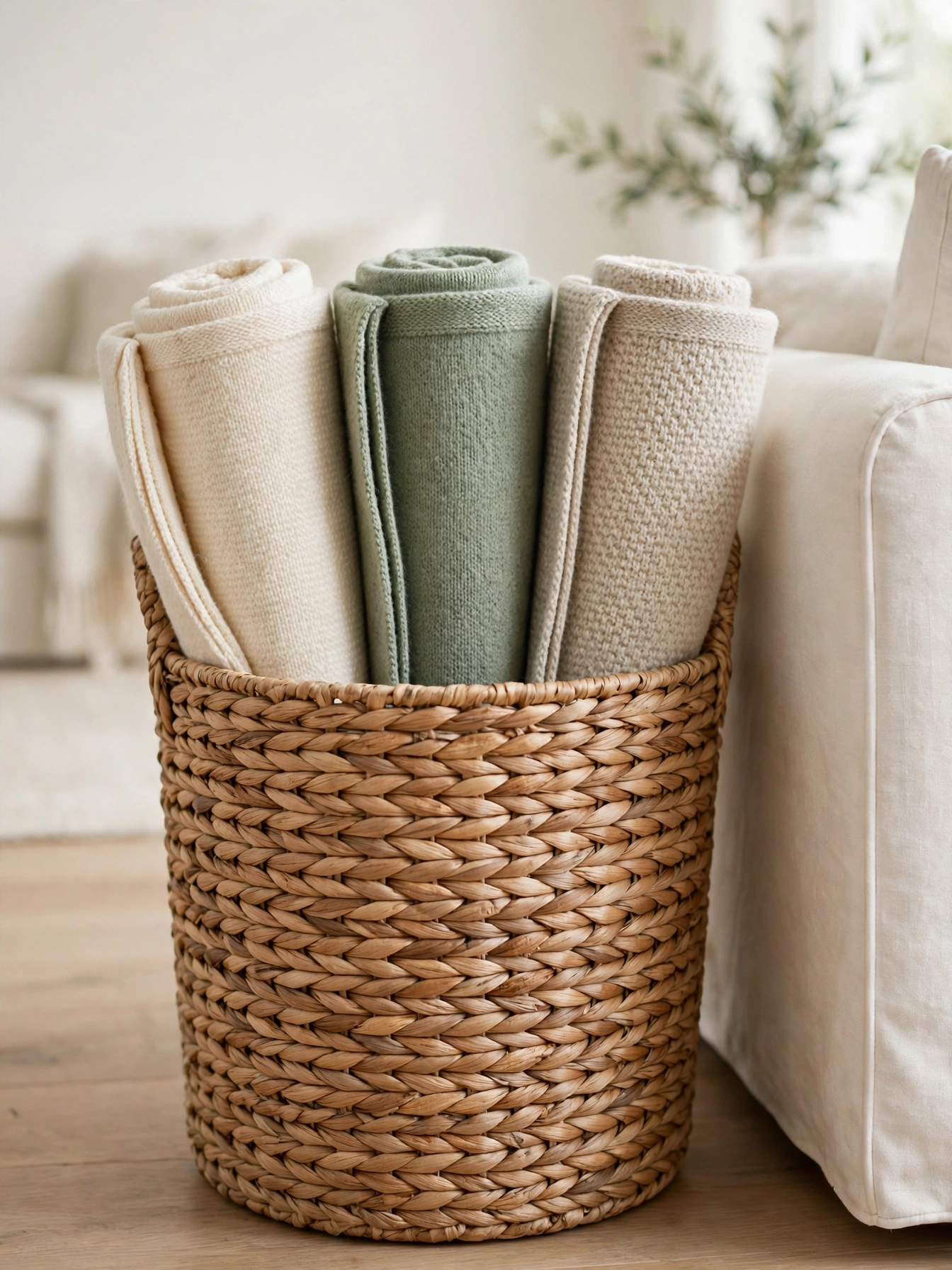 Rolled throws stored upright in a seagrass basket for a tidy simple living room ideas look