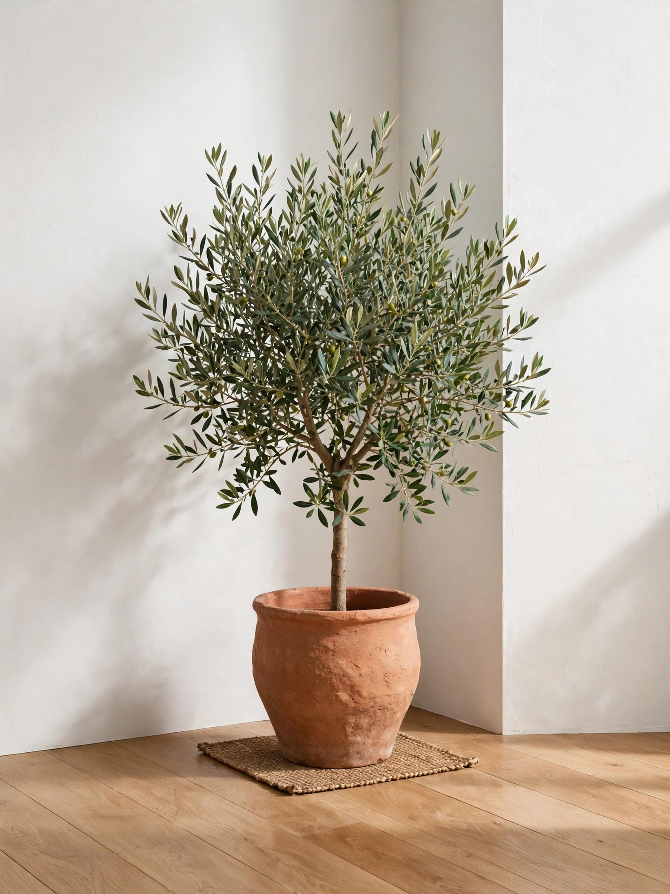 Single olive tree in a clay pot bringing life to a minimal simple living room ideas corner