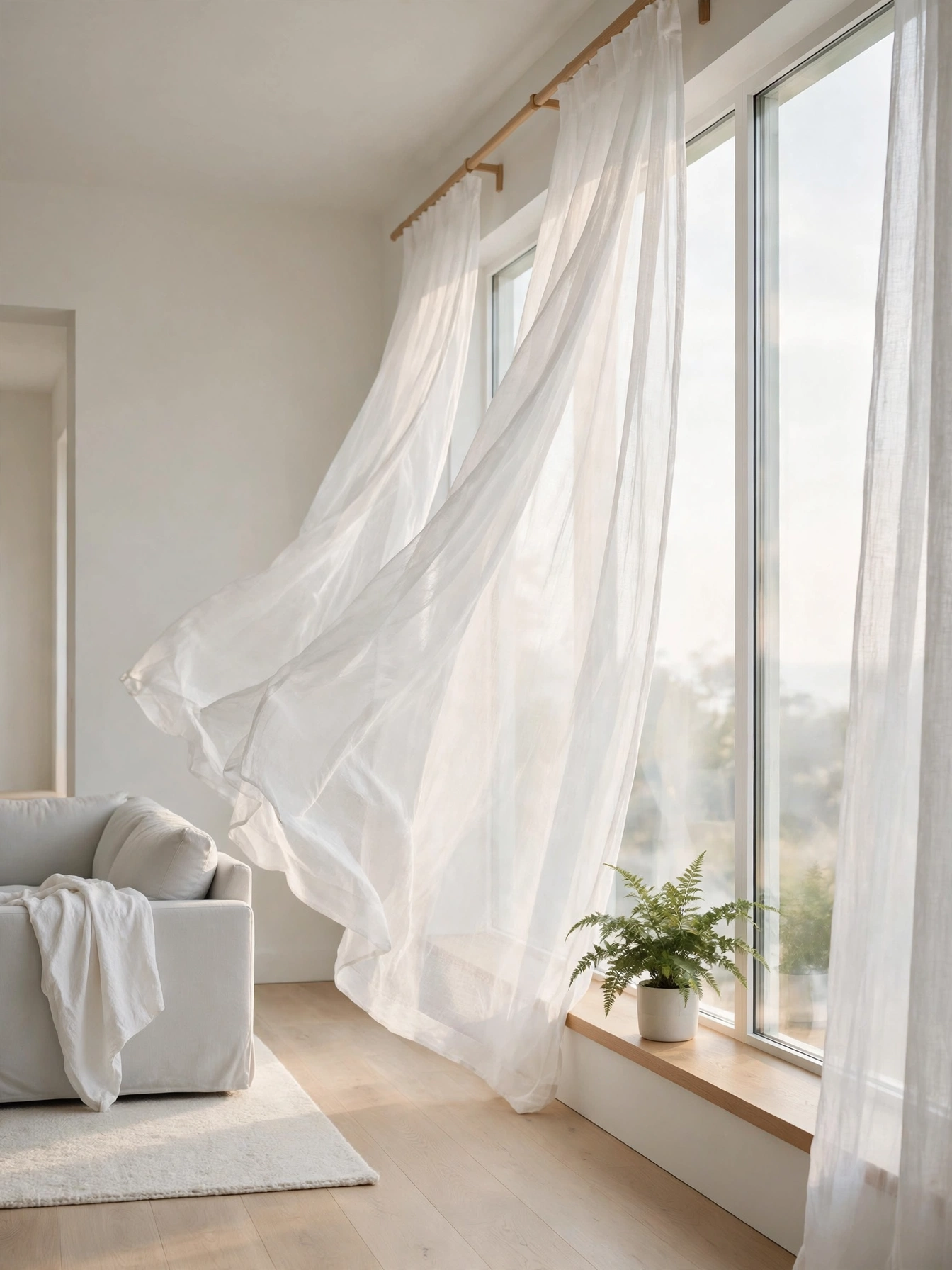 Sheer white linen curtains glowing with daylight in an airy simple living room ideas room