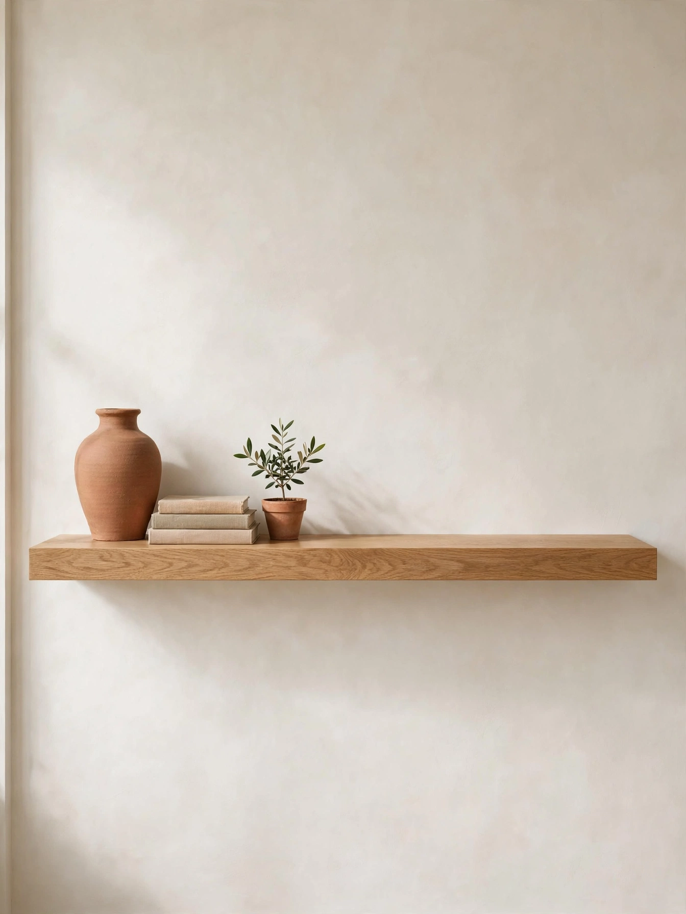 Single floating oak shelf styled with three objects in a restrained simple living room ideas vignette