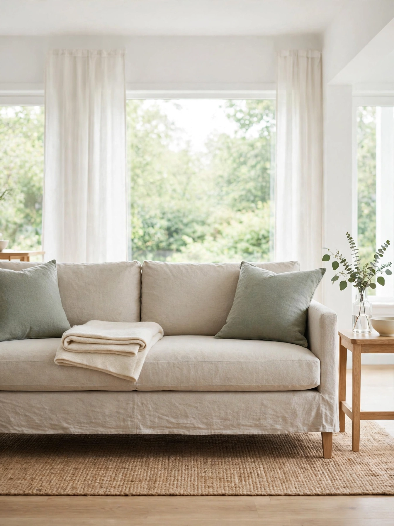 Oatmeal linen slipcovered sofa with sage pillows in a bright simple living room ideas space