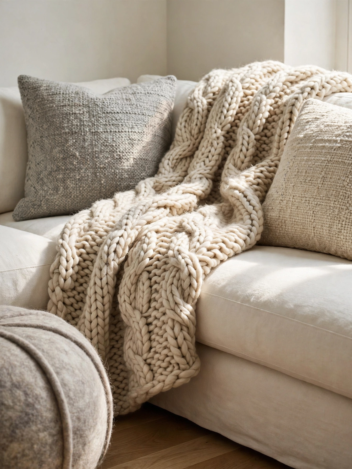 Layered wool throw and cushions adding warmth to a neutral simple living room ideas sofa