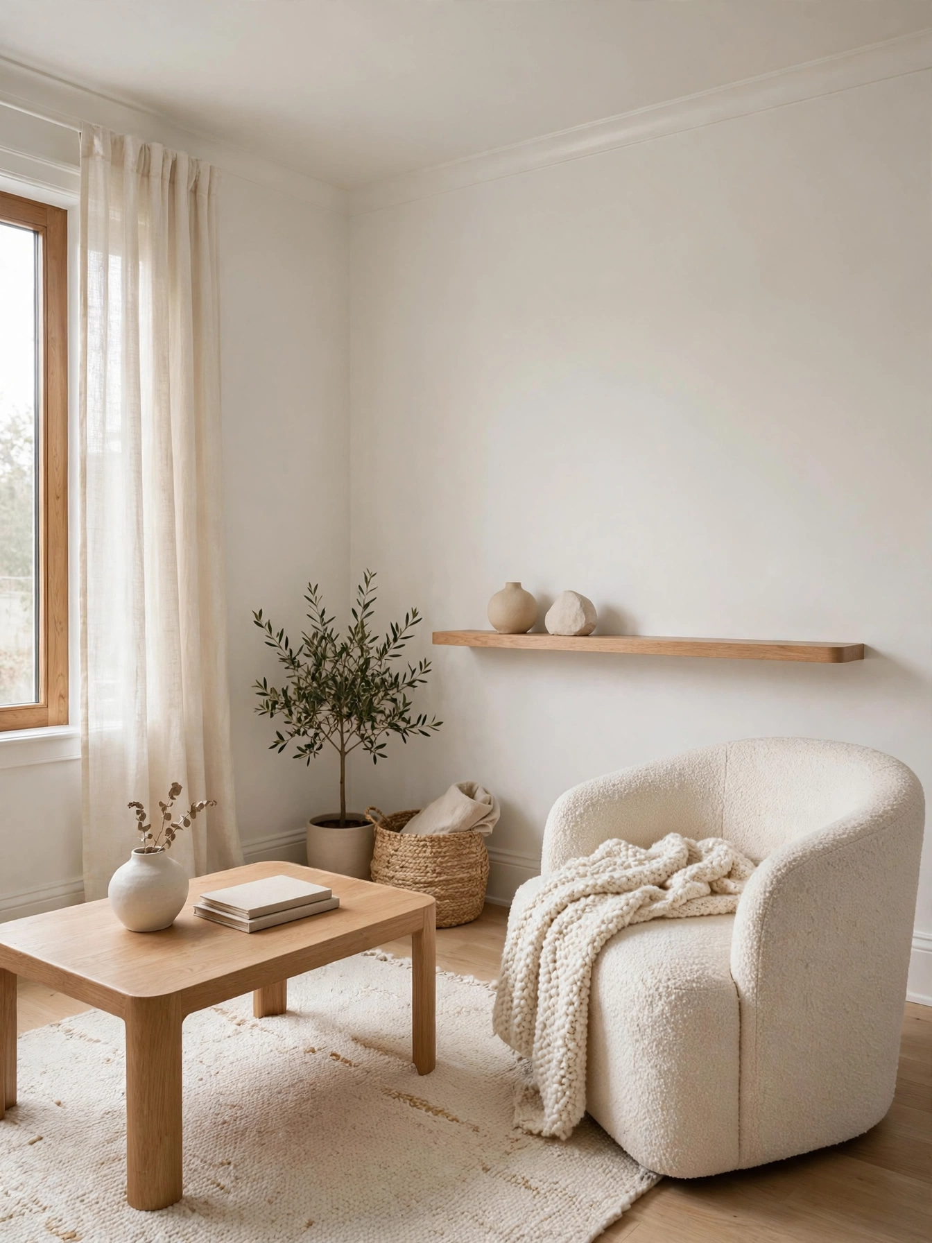 All-white living room bouncing soft daylight in a serene simple living room ideas home