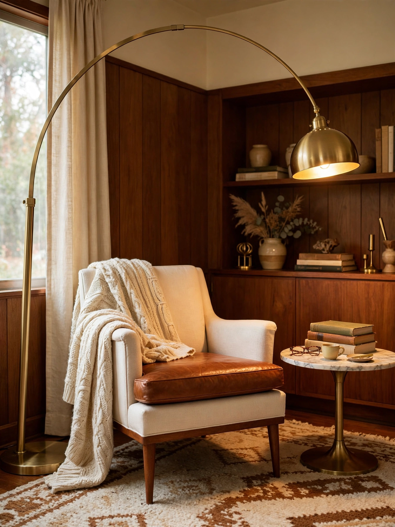 Brass arched floor lamp curving over a reading chair, sculptural light in timeless living room ideas