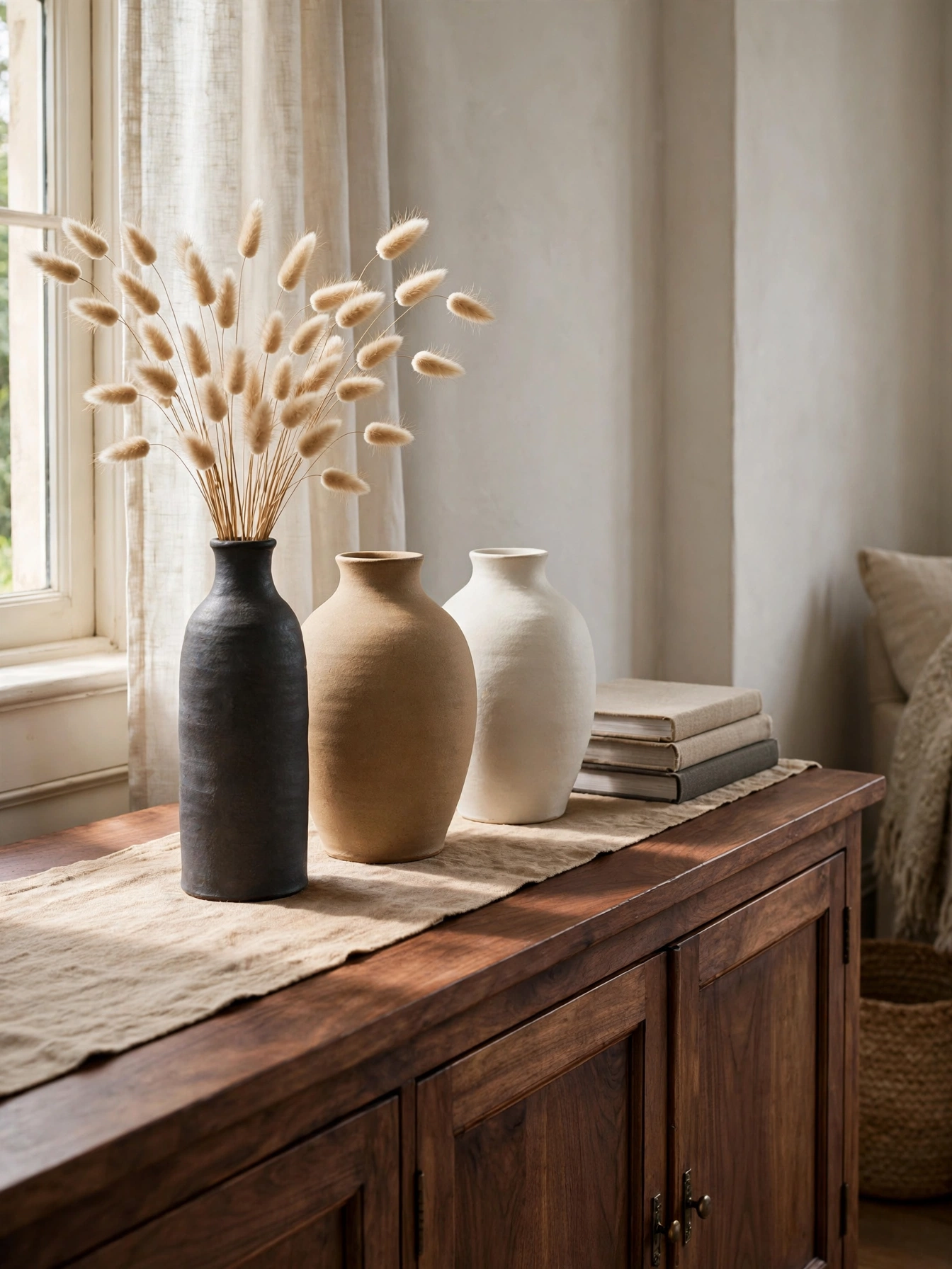 Handmade ceramic vases in matte glazes on a walnut sideboard, shelf styling in timeless living room ideas