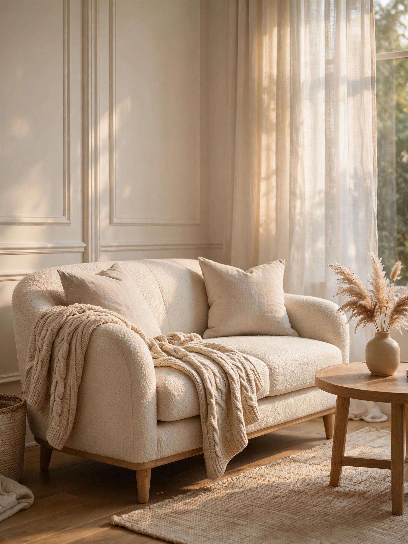 Cream boucle sofa with rounded arms in a sunlit corner, one of the calmest timeless living room ideas