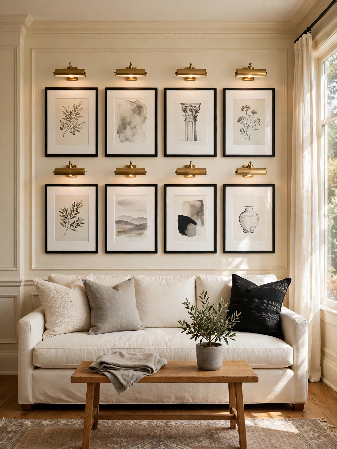 Gallery wall of thin black frames over a cream sofa, among the most personal timeless living room ideas