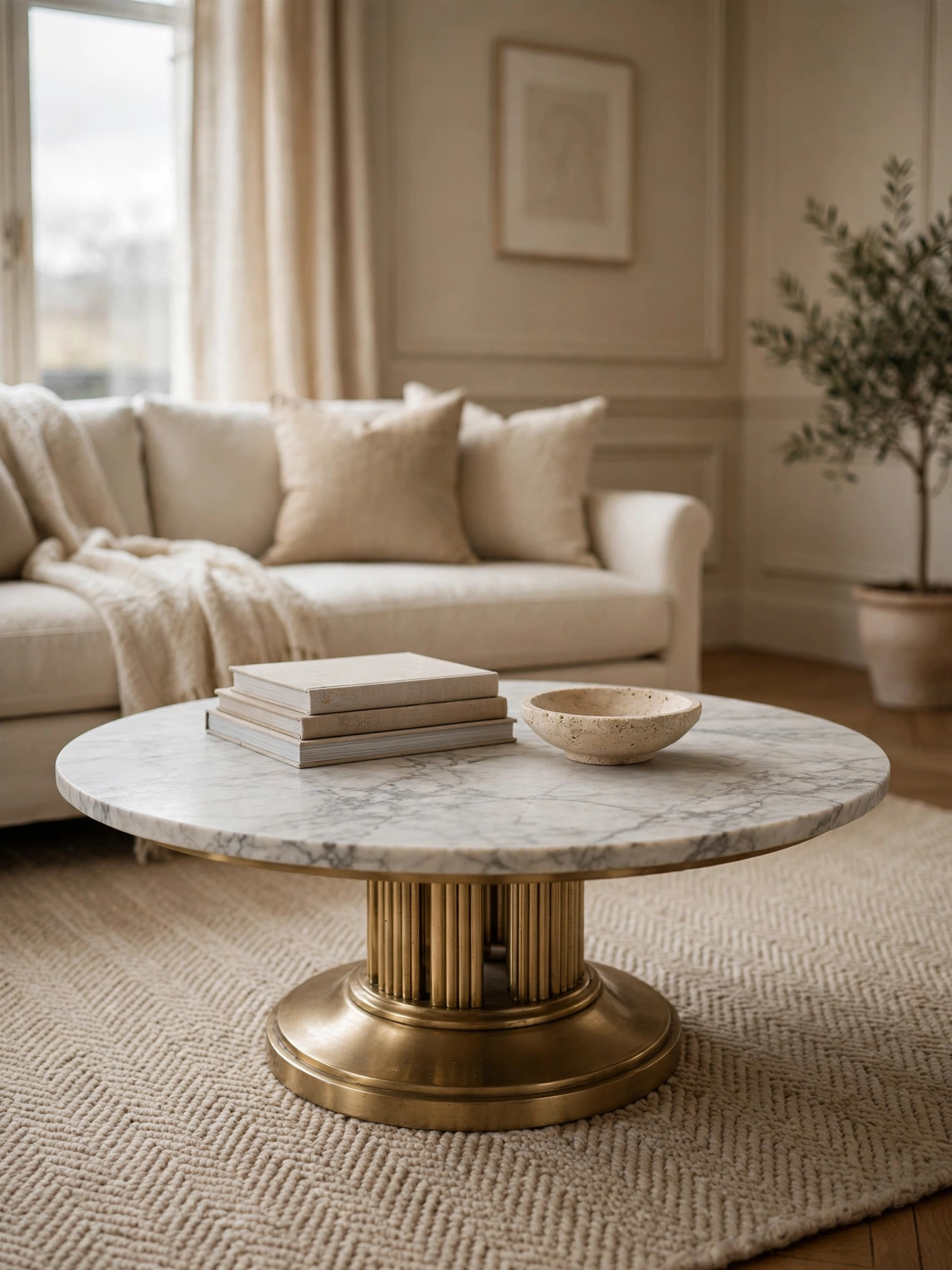 Round honed marble coffee table with brass base, a quiet-luxury pick from timeless living room ideas