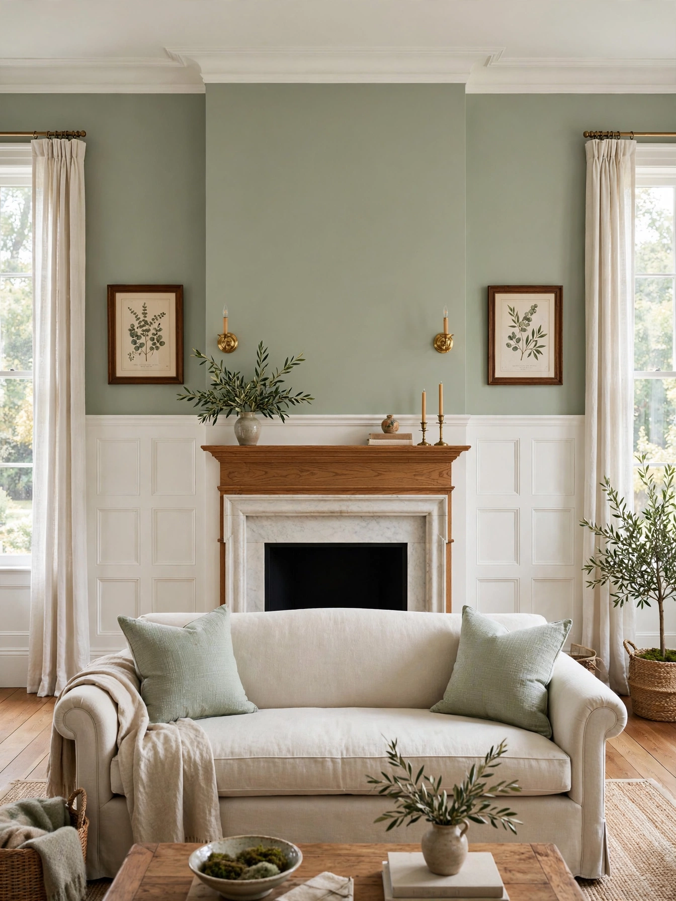 White wainscot panels with sage upper walls, a classic architectural entry among timeless living room ideas