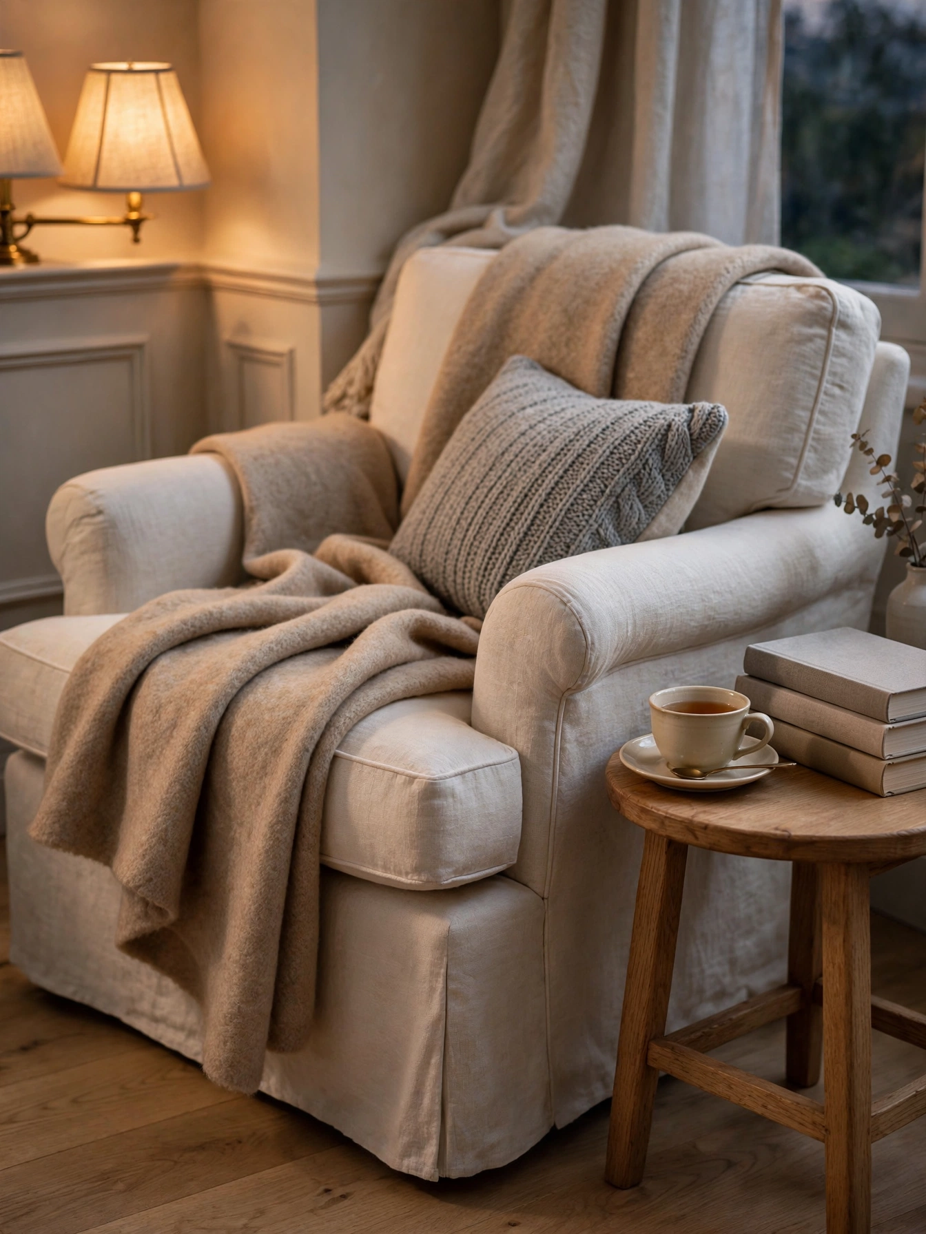 Merino wool throw draped over a linen armchair, a cozy layer in timeless living room ideas