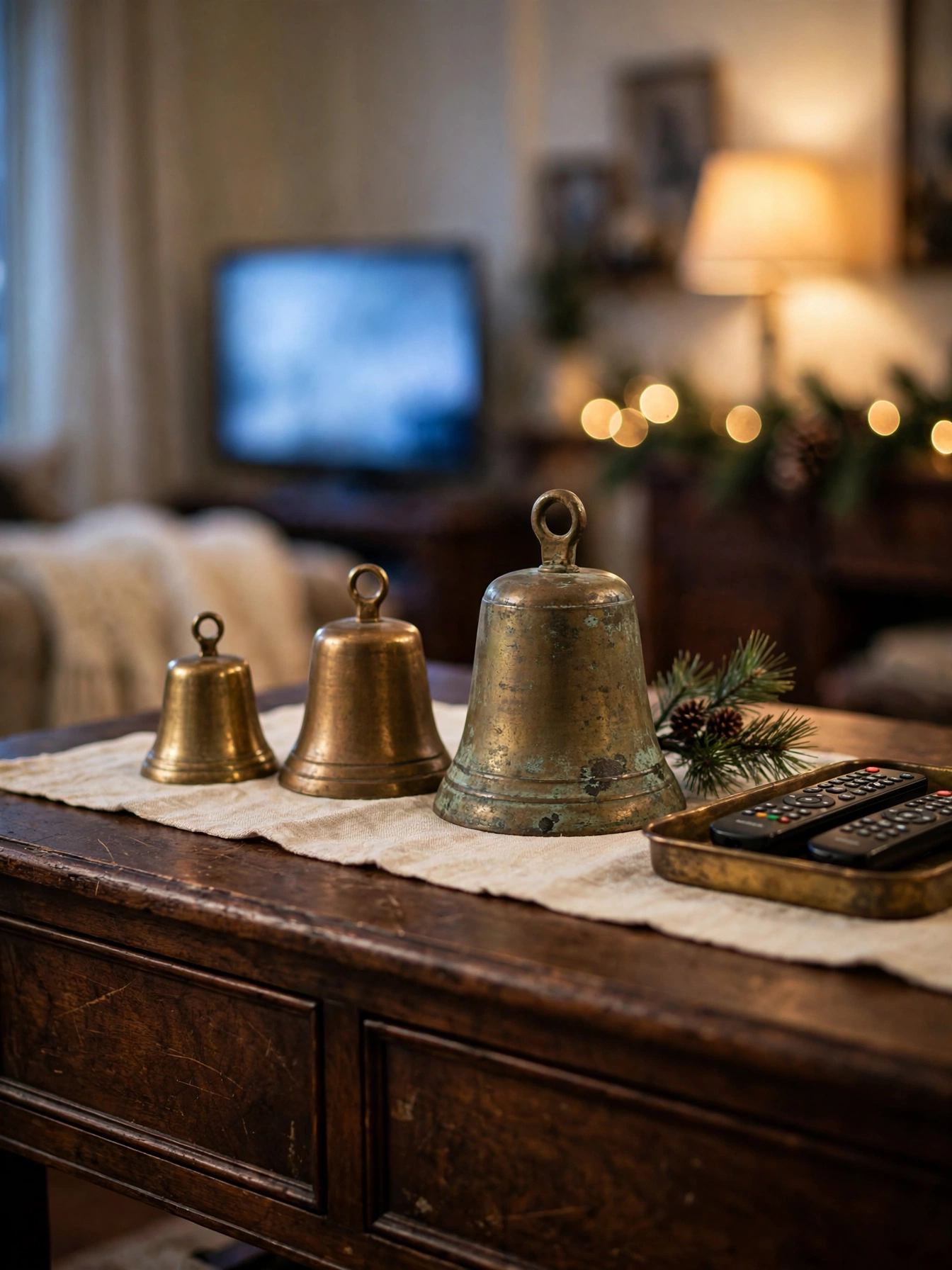 Three brass bells of graduated sizes on a dark walnut TV console beside a pine sprig, a traditional tv stand christmas decor ideas 2026 accent