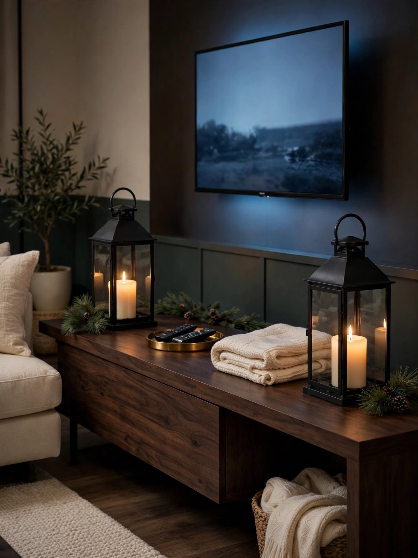 Two black metal lanterns with glowing pillar candles on either end of a dark TV console, a calm tv stand christmas decor ideas 2026 lantern pairing