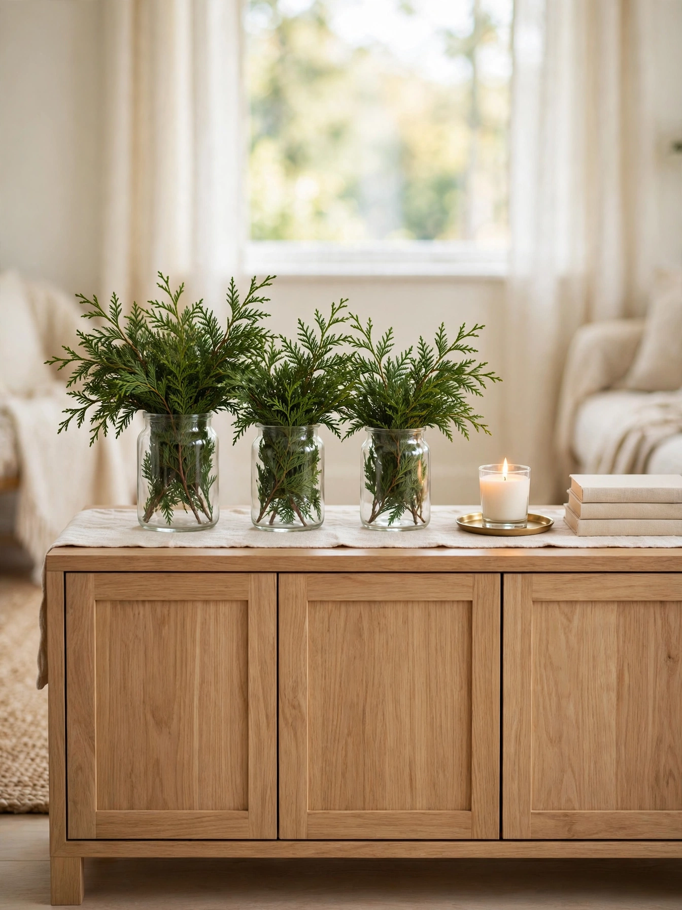 Three glass jars holding cedar sprigs and a white candle on a light oak TV console, a fresh tv stand christmas decor ideas 2026 jar display