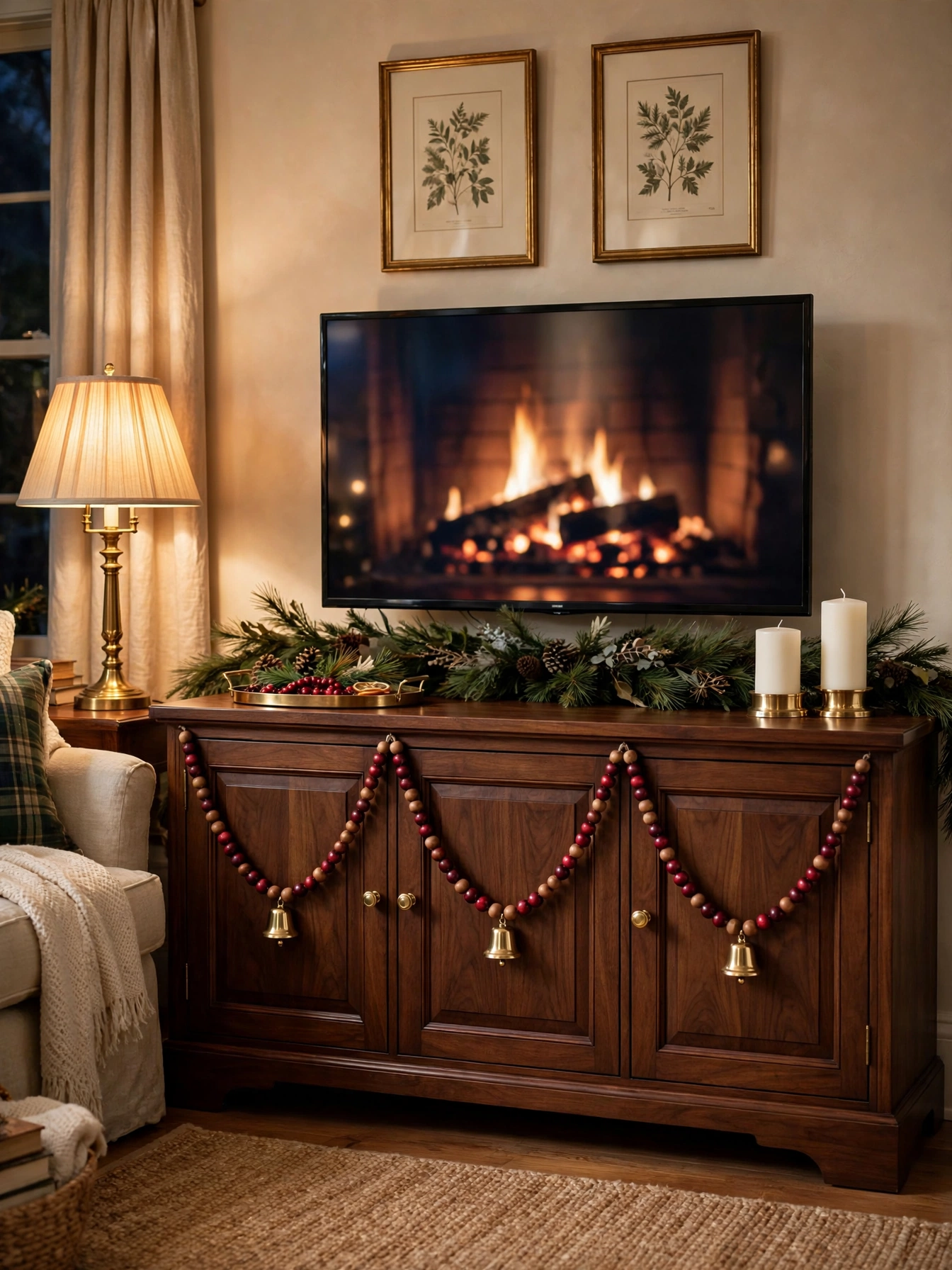 Cranberry bead garland draped in swags across a walnut TV console with pine garland on top, a classic tv stand christmas decor ideas 2026 garland