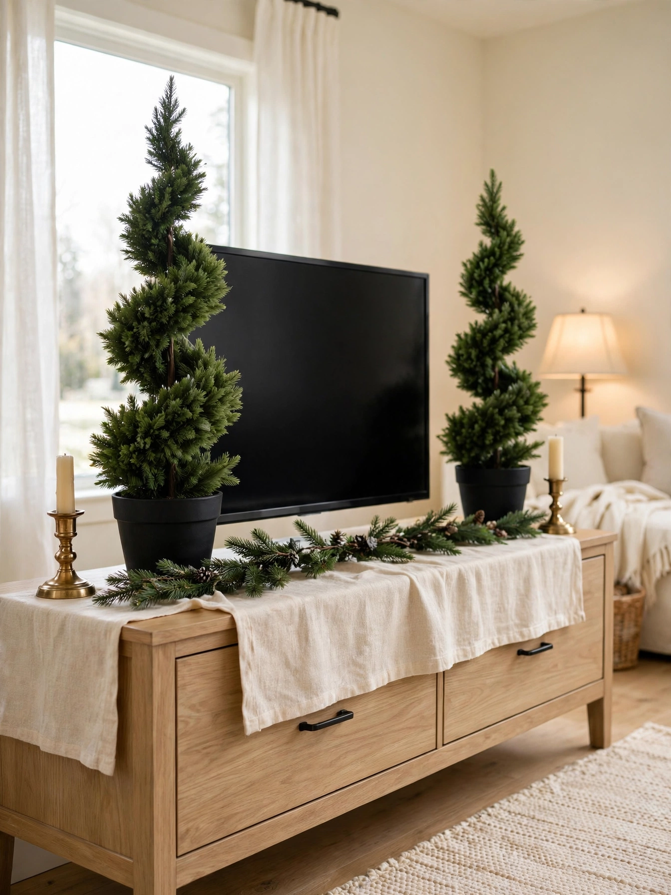 Two spiral evergreen topiaries in black pots flanking a TV on a light oak console, a neat tv stand christmas decor ideas 2026 pairing