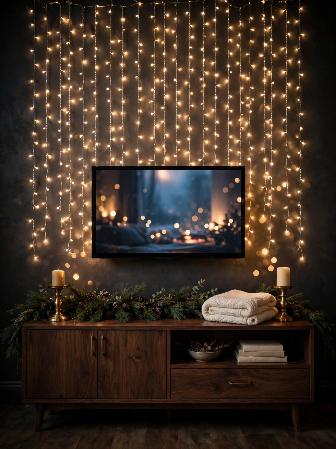 Curtain of warm fairy lights glowing behind a TV console against a dark wall, a magical tv stand christmas decor ideas 2026 backdrop