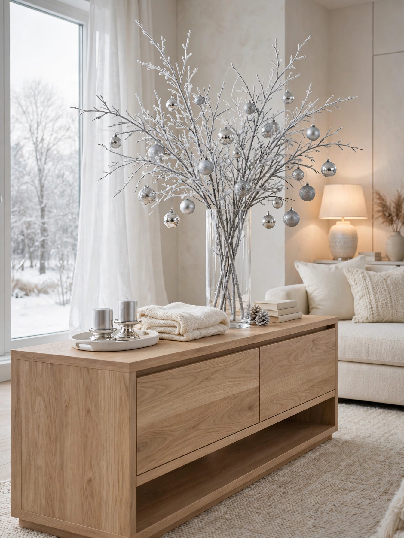 Tall glass vase with frosted white branches and silver ornaments on a light oak TV console, a crisp tv stand christmas decor ideas 2026 arrangement