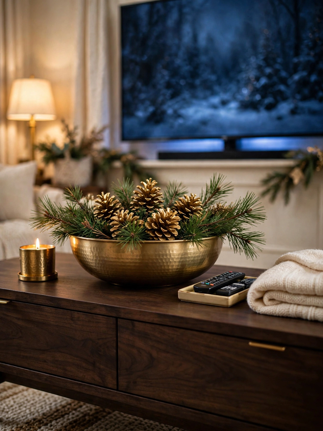 Wide brass bowl of gold painted pinecones and pine sprigs on a dark TV console, a rich tv stand christmas decor ideas 2026 bowl