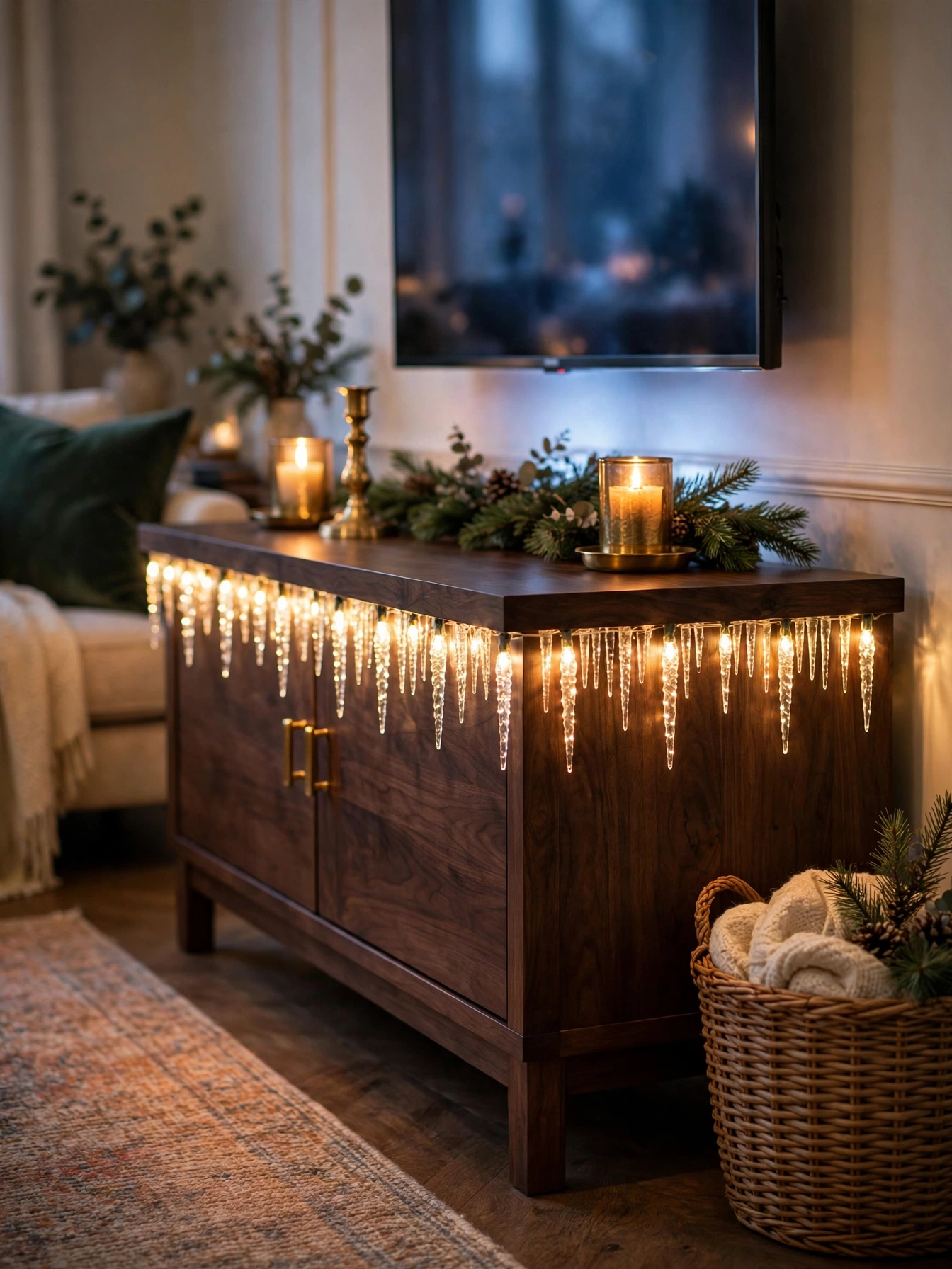 Dark wood TV console with warm icicle lights fringing its front edge, a festive tv stand christmas decor ideas 2026 console