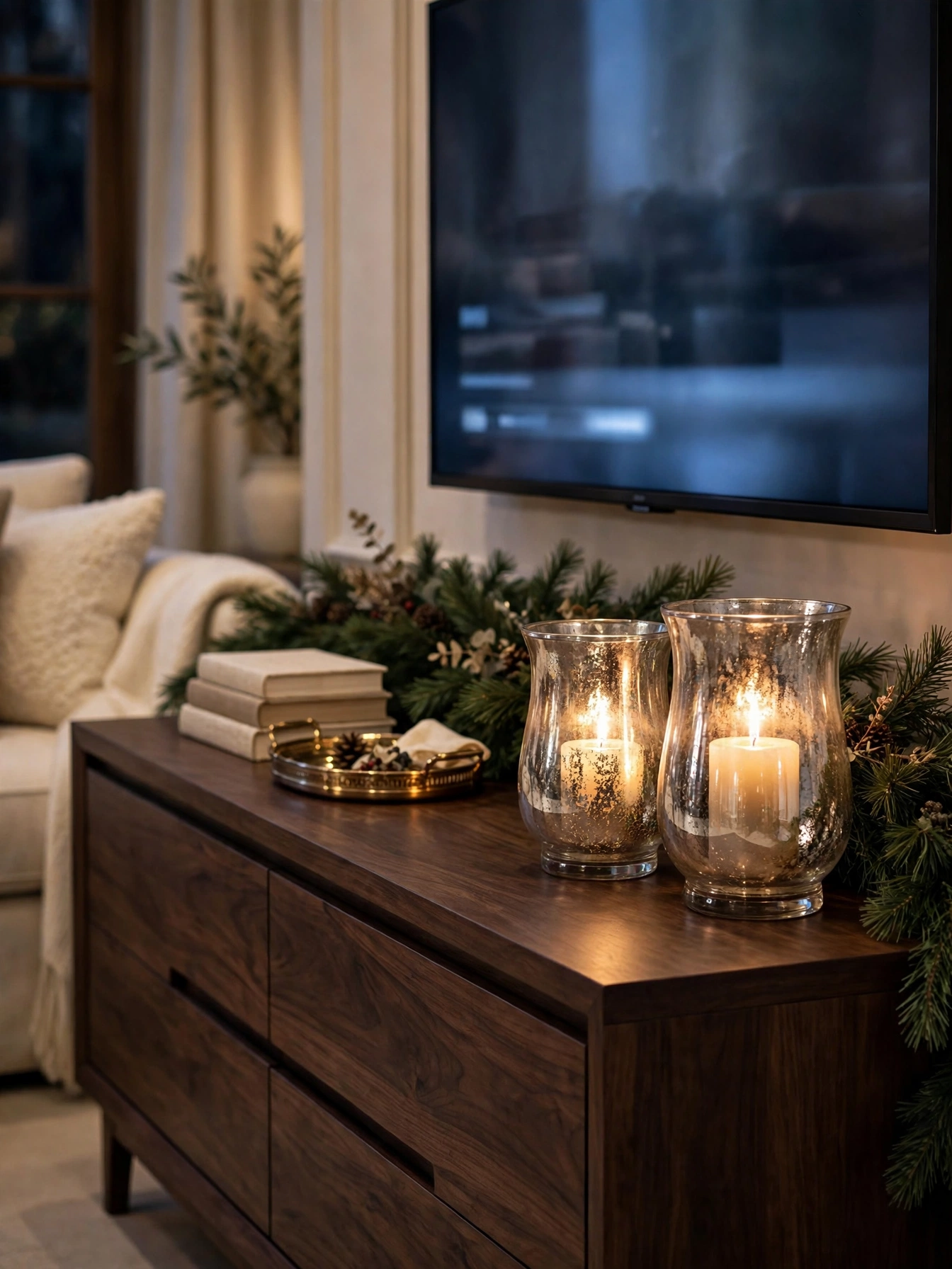 Two mercury glass hurricane candle holders with pillar candles on a dark TV console, an elegant tv stand christmas decor ideas 2026 candle display