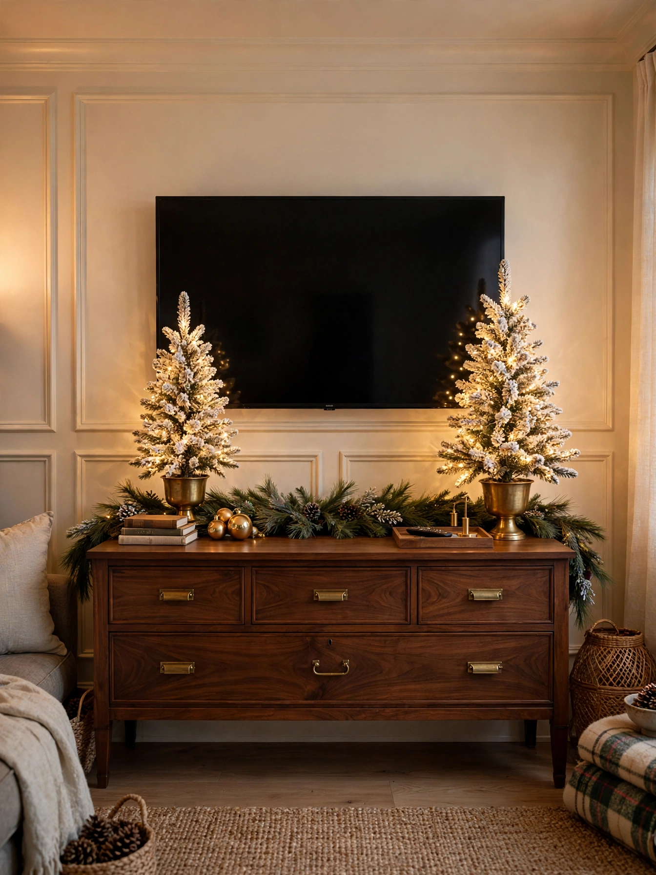 Two miniature flocked trees in brass pots flanking a TV on a walnut console, a balanced tv stand christmas decor ideas 2026 pairing
