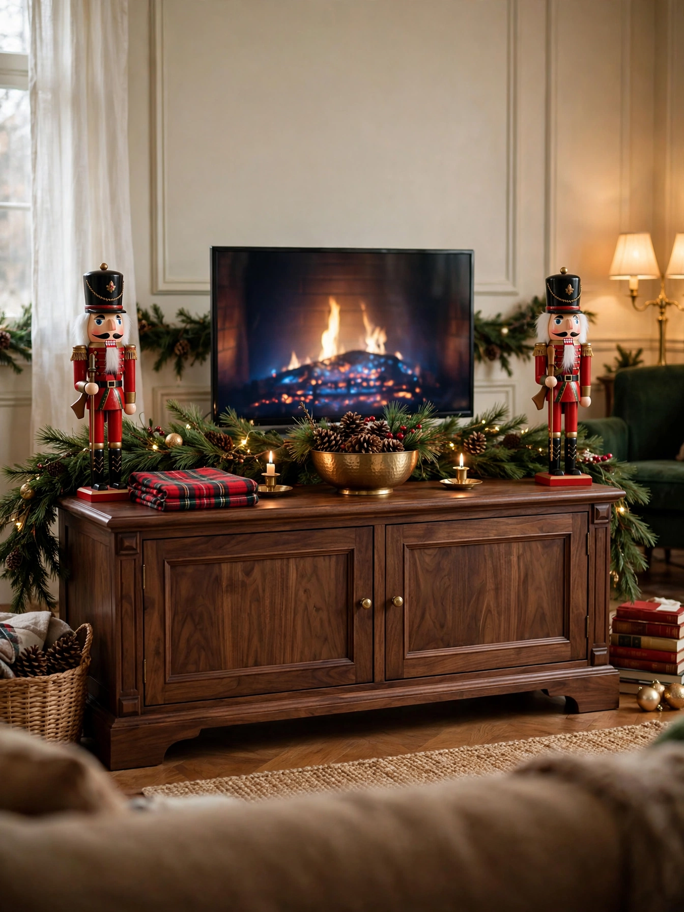 Two traditional nutcracker soldiers standing guard at either end of a walnut TV console, a classic tv stand christmas decor ideas 2026 pairing