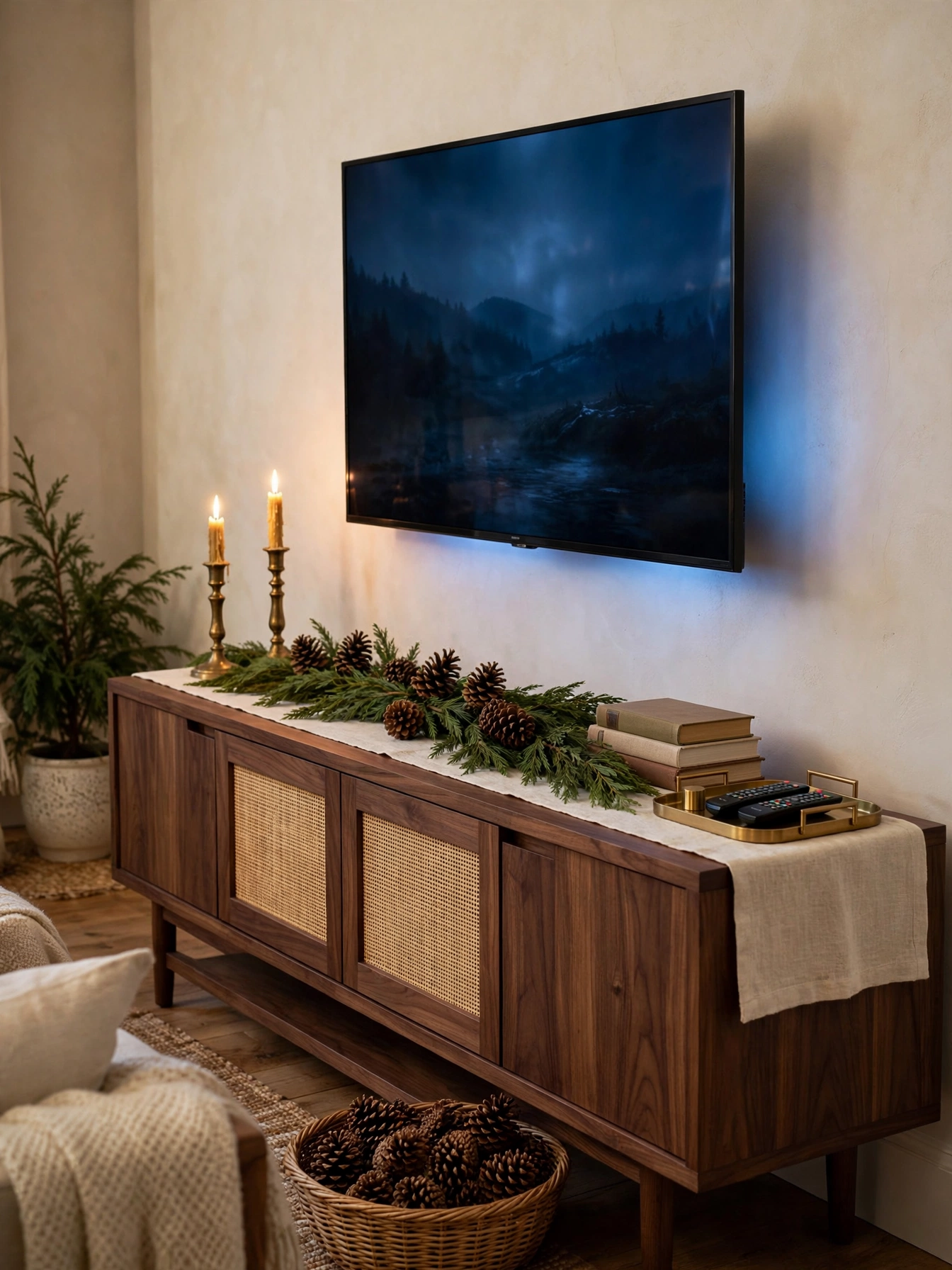 Walnut TV console with a pinecone and cedar runner, brass candlesticks, and glowing TV, a natural tv stand christmas decor ideas 2026 console