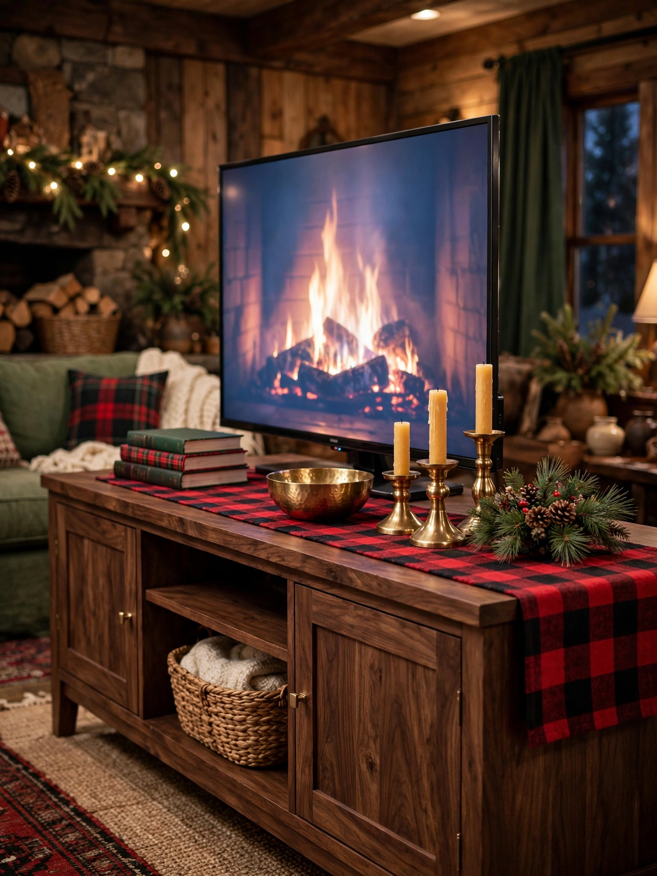 Walnut TV console with a red and black plaid runner, brass candle holders, and pine arrangement, a cozy tv stand christmas decor ideas 2026 lodge look