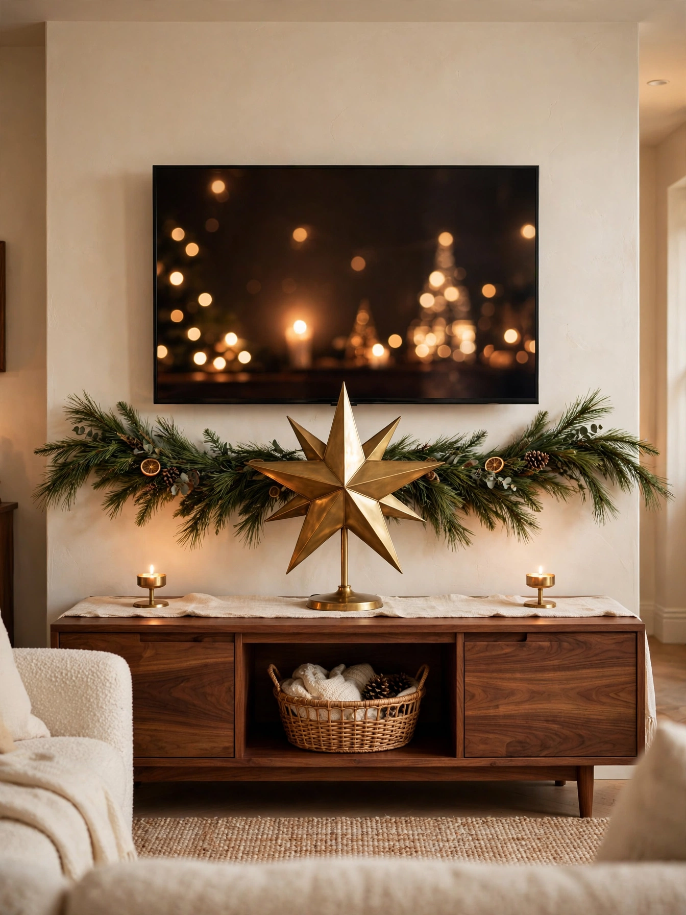 Large brass star on a stand centered on a walnut TV console below a wall mounted TV, a celebratory tv stand christmas decor ideas 2026 centerpiece