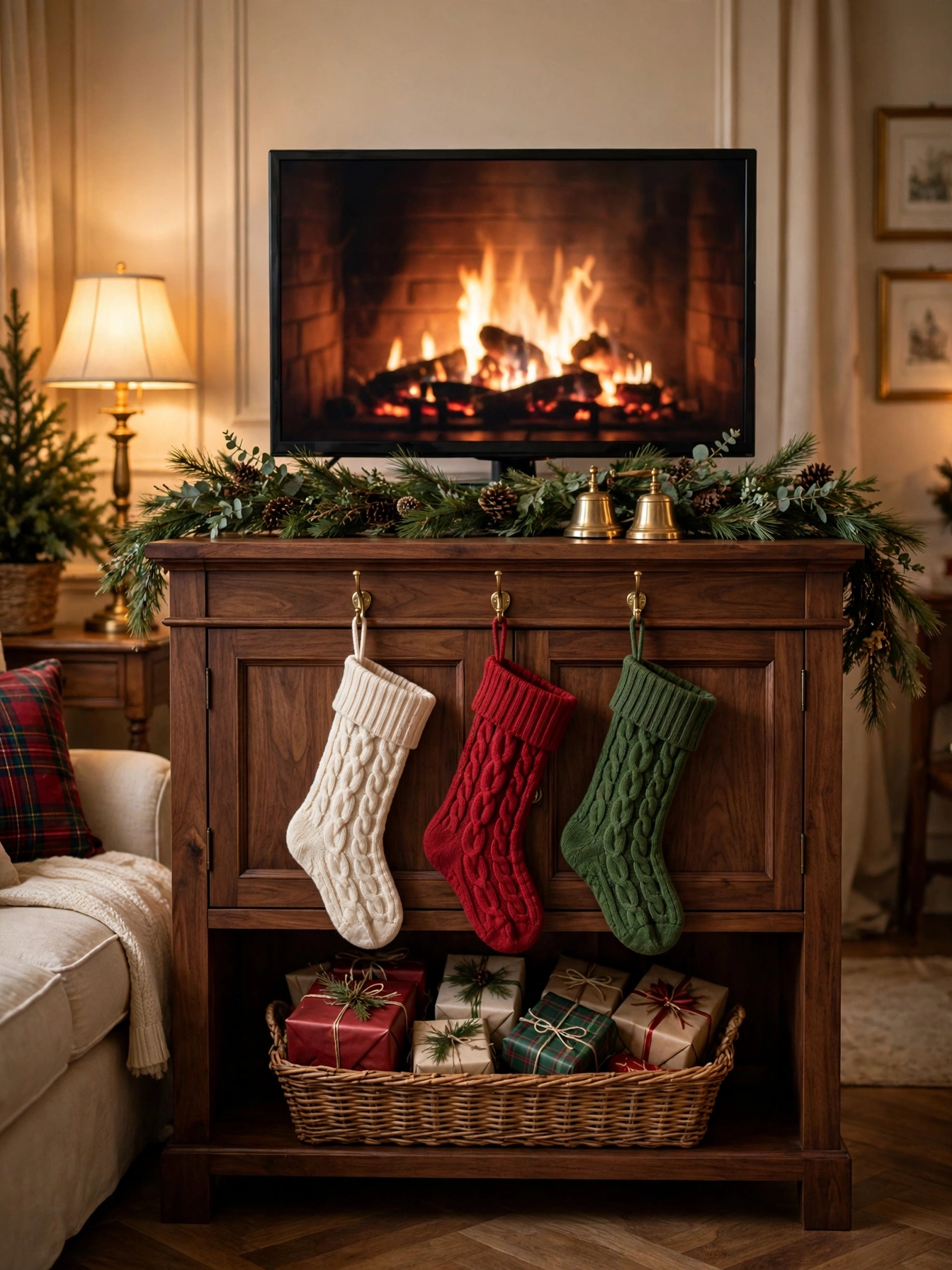 Three knit stockings in cream, red, and green hanging from brass hooks on a walnut TV console, a cheerful tv stand christmas decor ideas 2026 stocking display